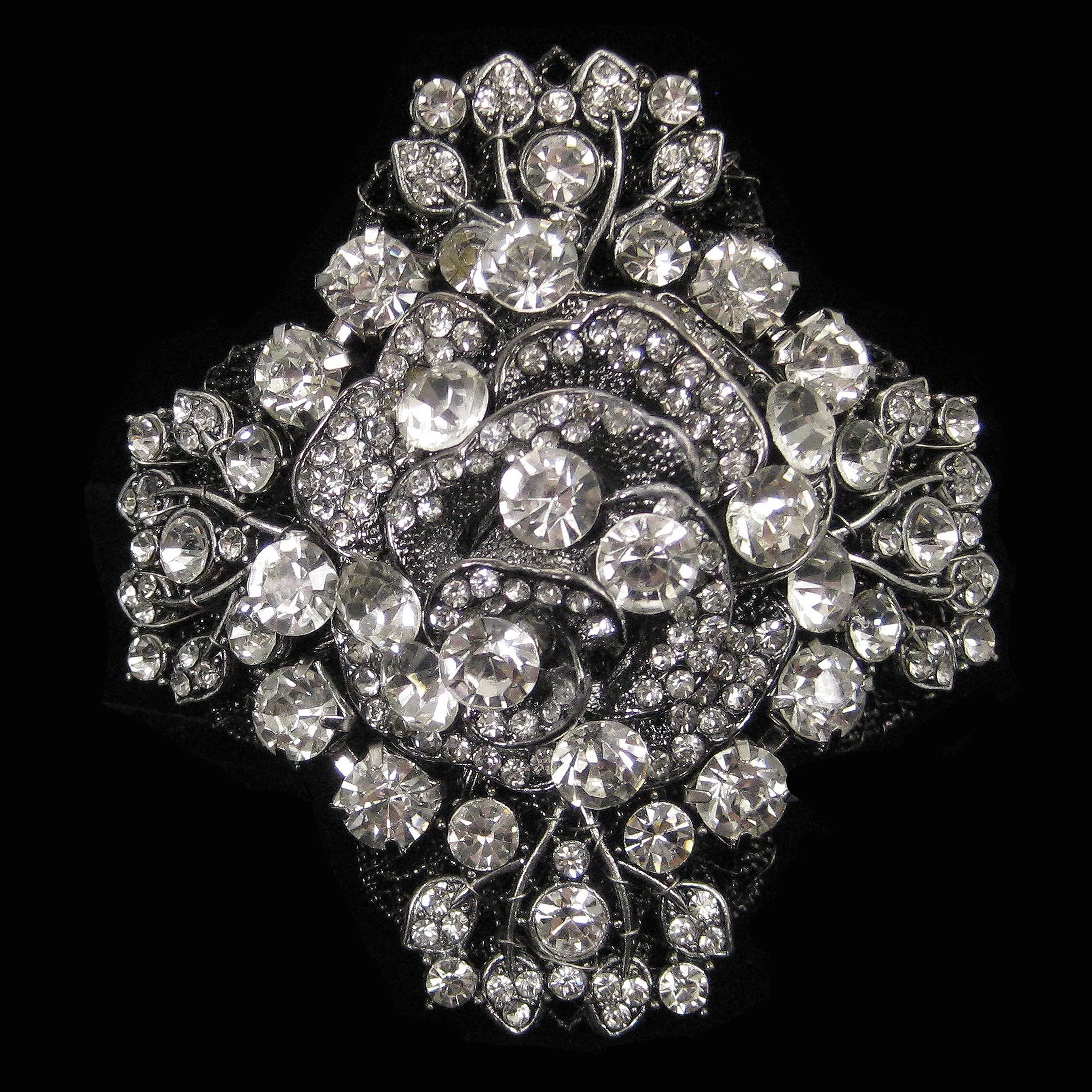 #1053b Gunmetal Filigree & Rhinestone Floral Cuff Bracelet