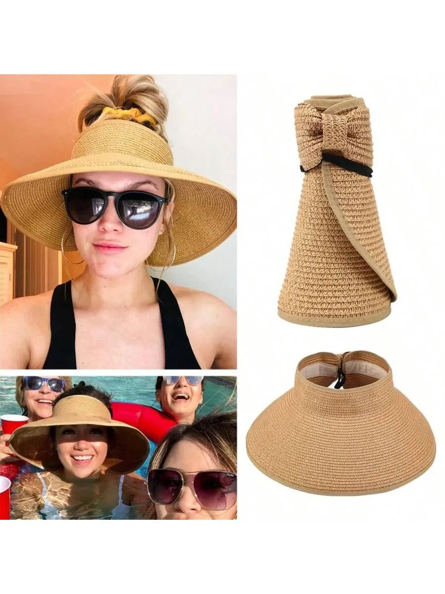 2023 New Women Roll Up Sun Visor Wide Brim Straw Hat Summer Foldable Packable UV Protection Cap For Beach Travel Bonnet Bow