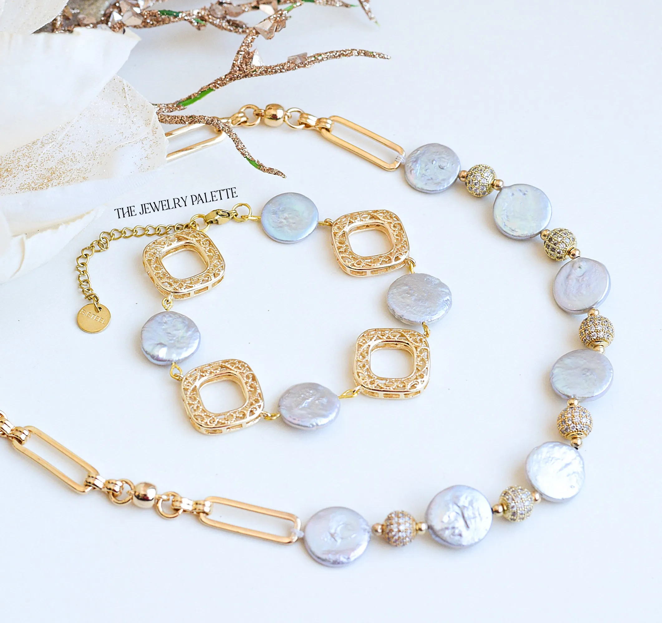 Amelina coin pearls and filigree bracelet