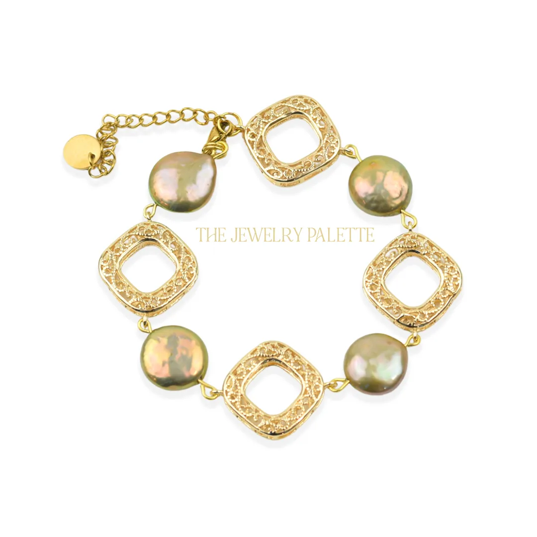 Amelina coin pearls and filigree bracelet