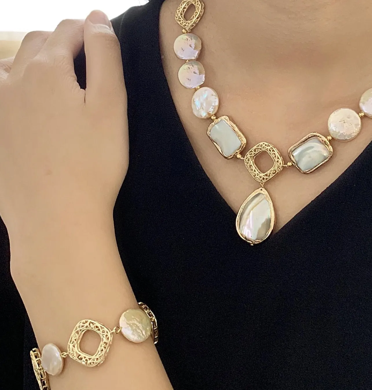 Amelina coin pearls and filigree bracelet