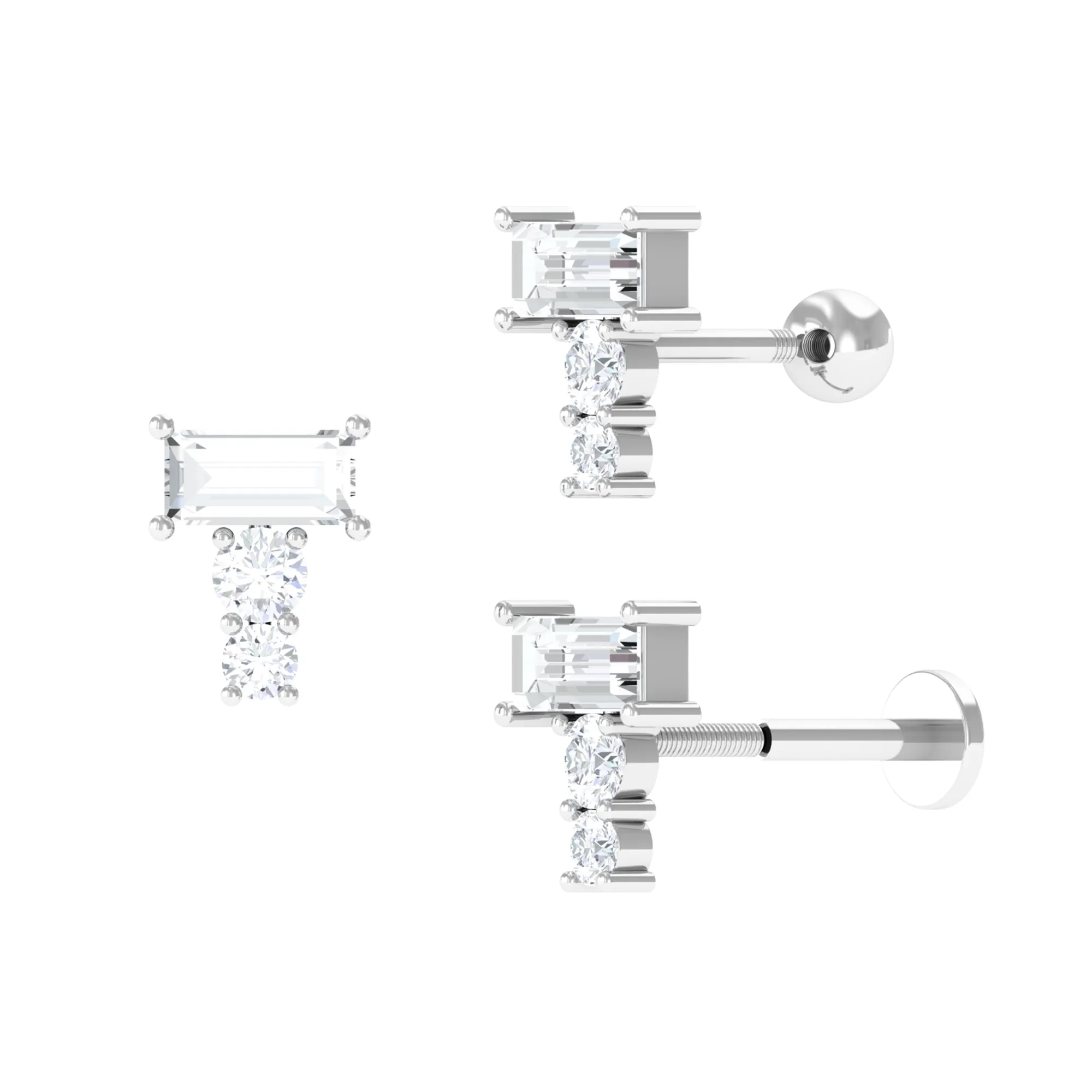 Baguette Moissanite Three Stone Cartilage Earring in Gold