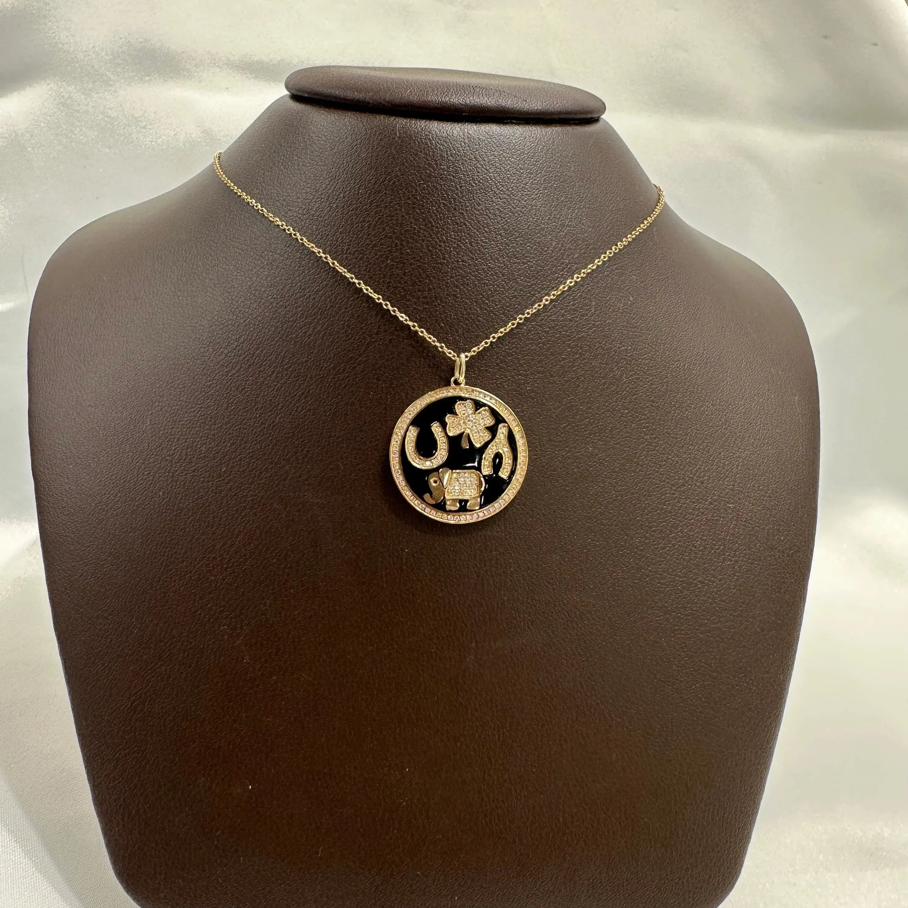 Black Enamel Four Charms Disc Necklace