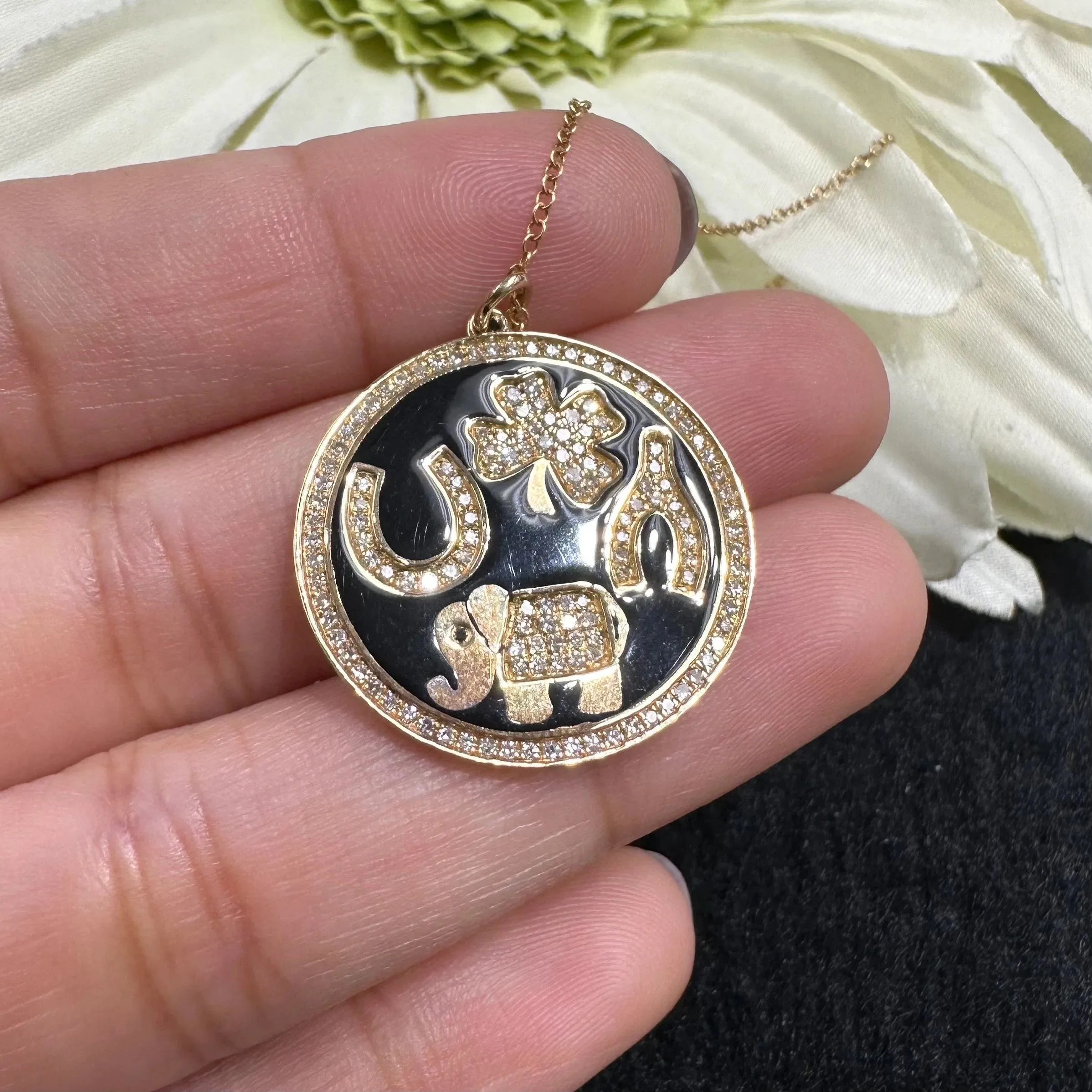 Black Enamel Four Charms Disc Necklace