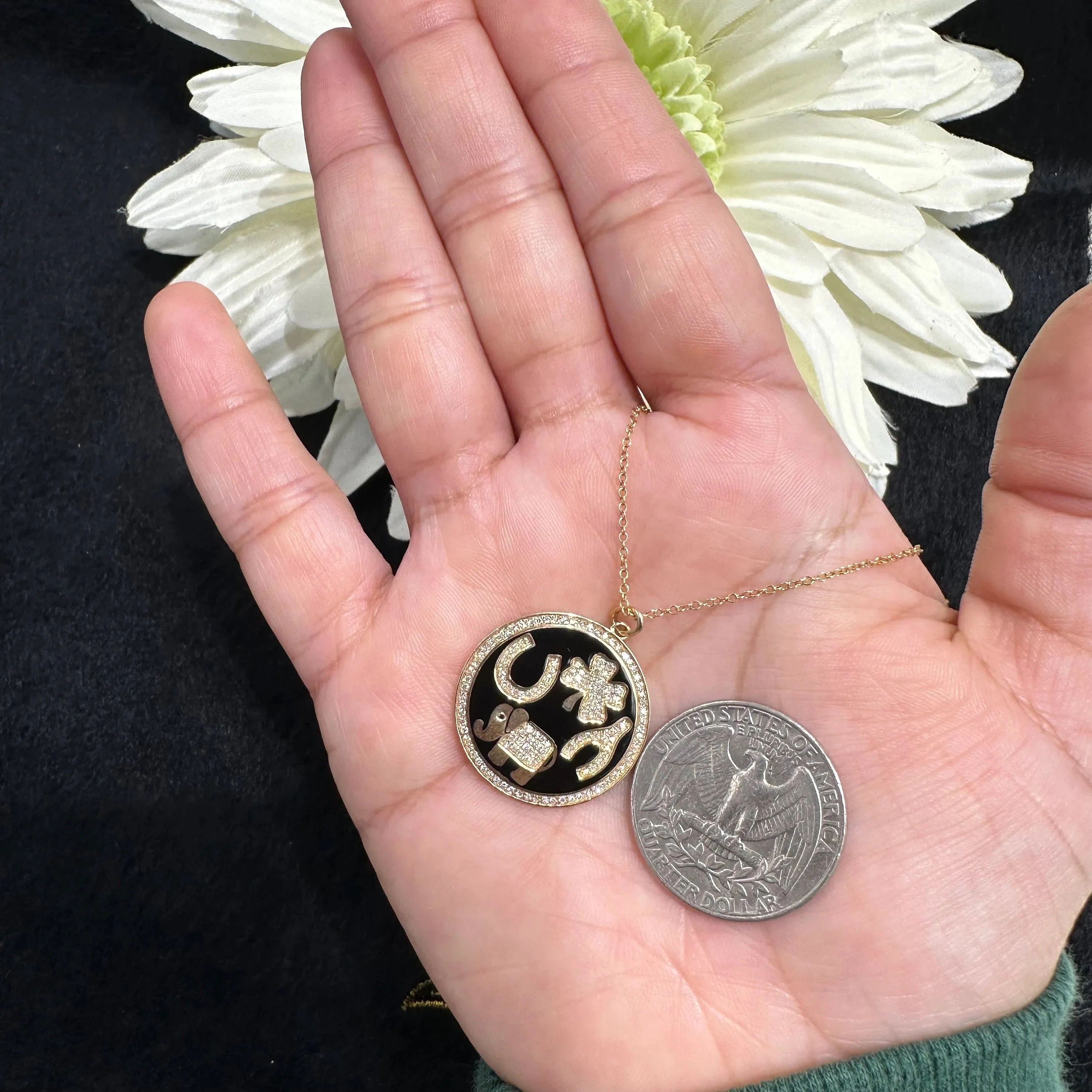 Black Enamel Four Charms Disc Necklace