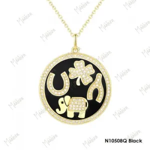 Black Enamel Four Charms Disc Necklace