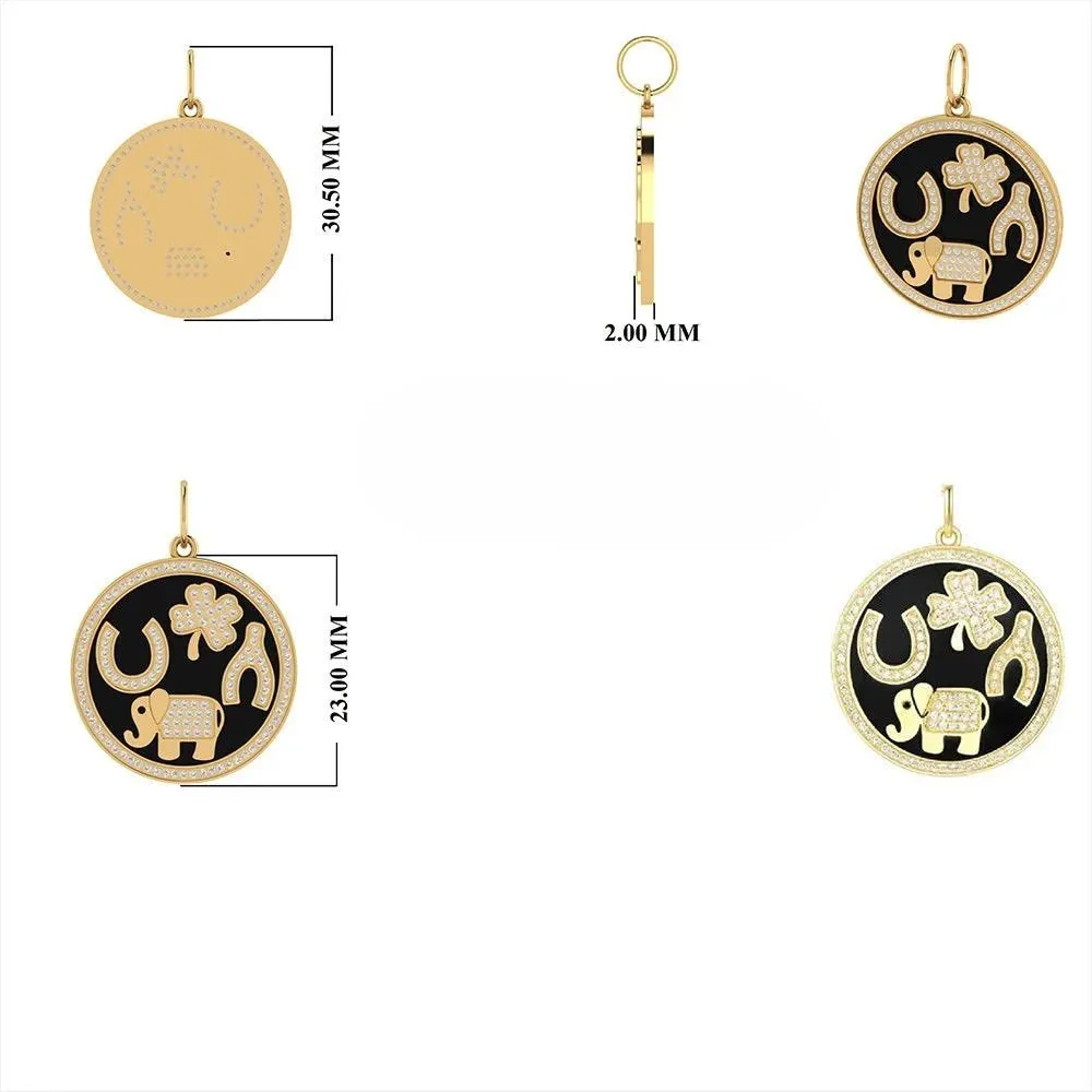 Black Enamel Four Charms Disc Necklace