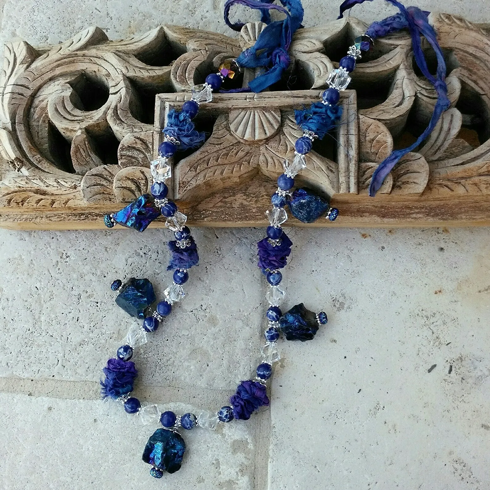 Blue Quartz Statement Necklace, Boho Recycled Sari Ribbon Collar, Gypsy Style Chunky Colorful Bib