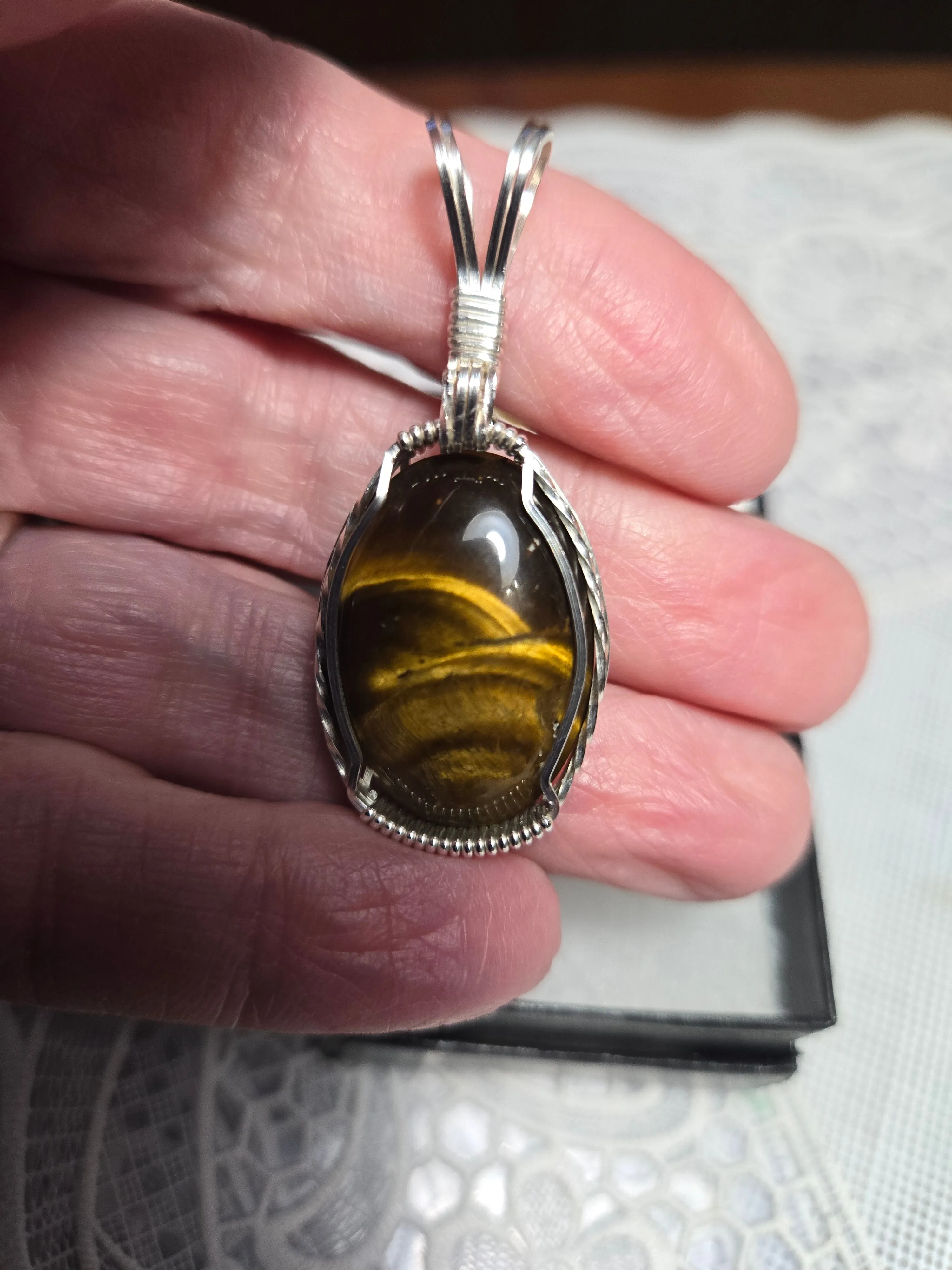Custom Wire Wrapped Tiger Eye Necklace/Pendant Sterling Silver