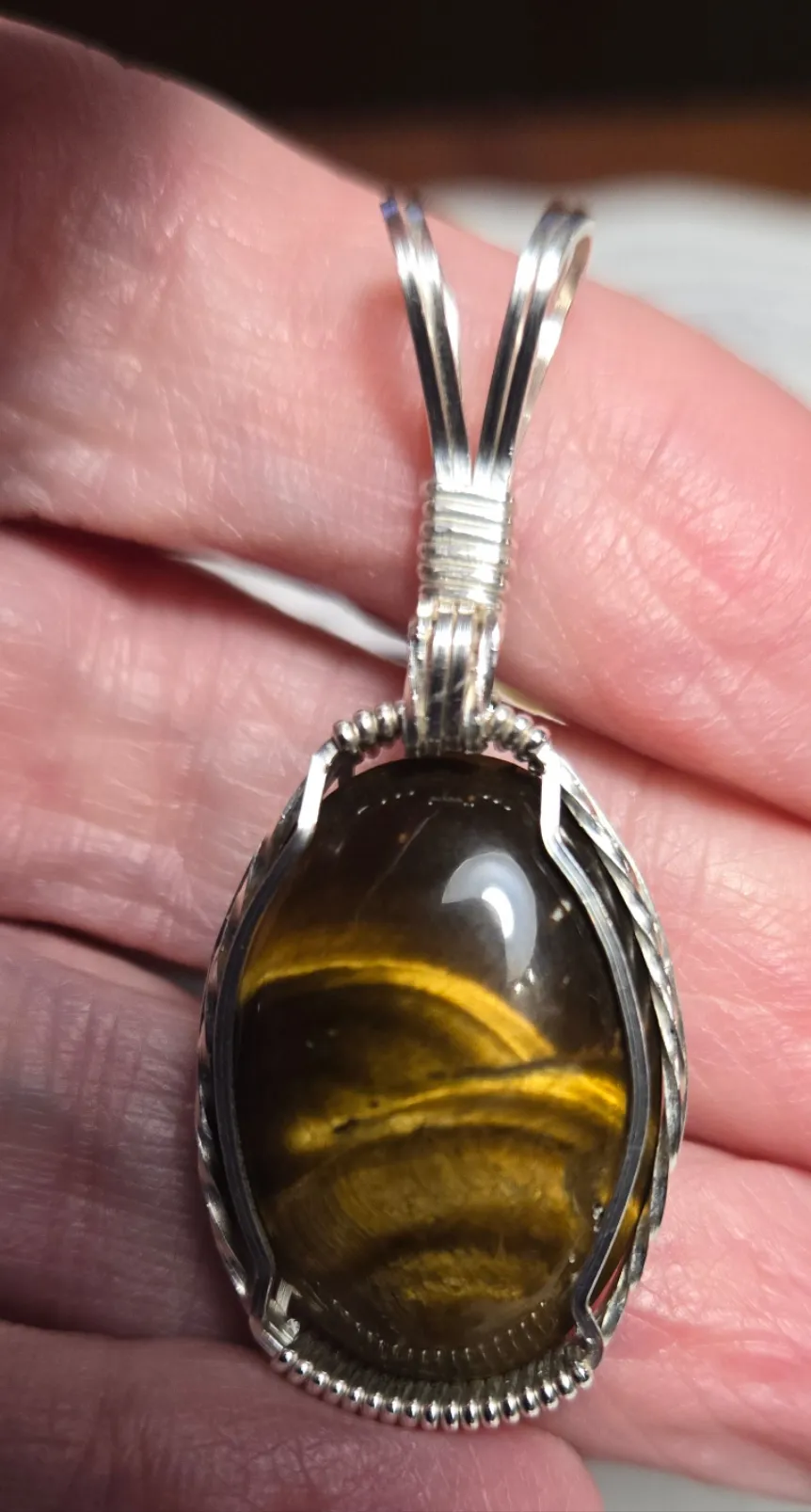 Custom Wire Wrapped Tiger Eye Necklace/Pendant Sterling Silver