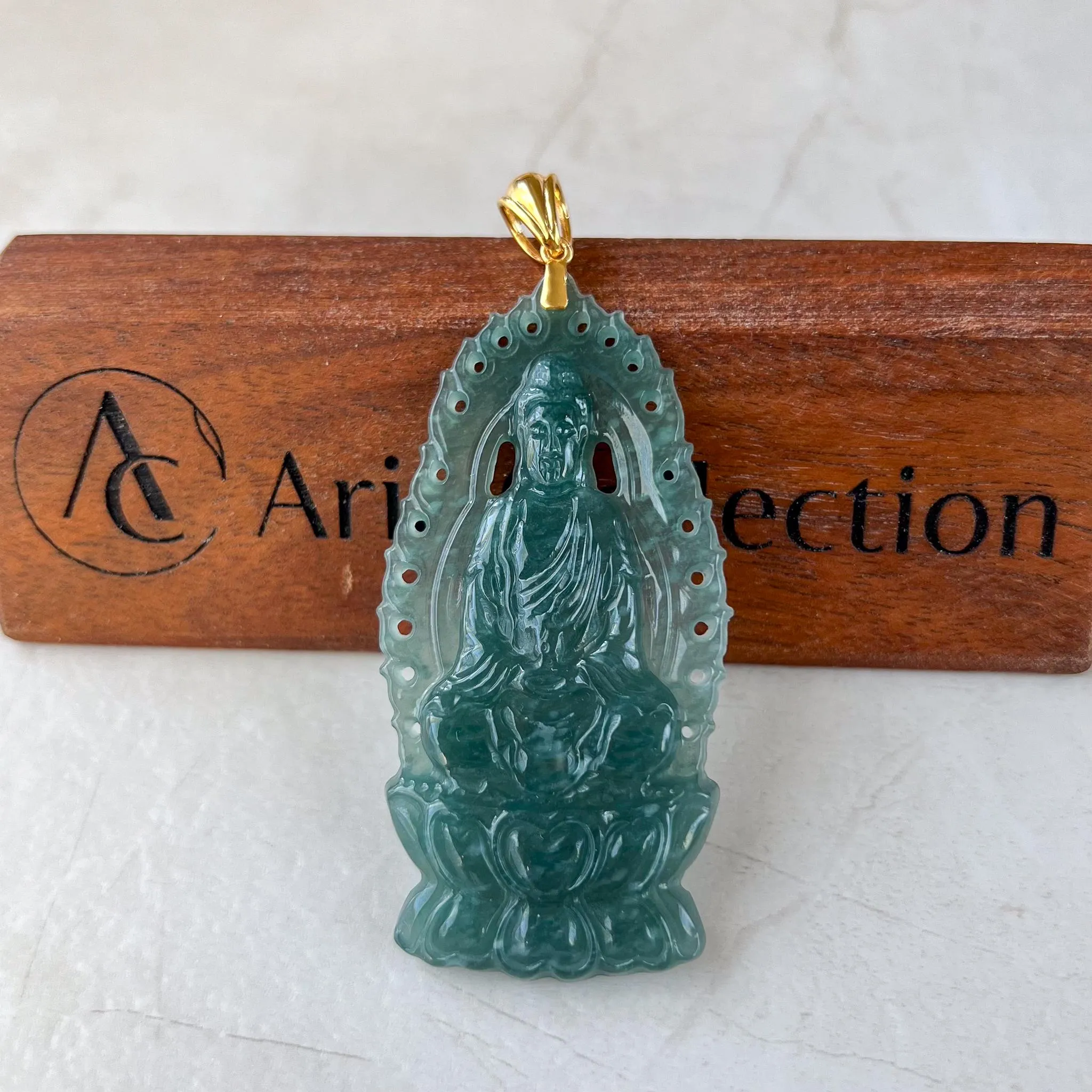 Divine Halo Guan Yin Jade Pendant, Jadeite Jade Guan Yin Avalokiteshvara Pendant with 18K Solid Gold Bail, Guanyin, 观音, MIR-0424-1730000152