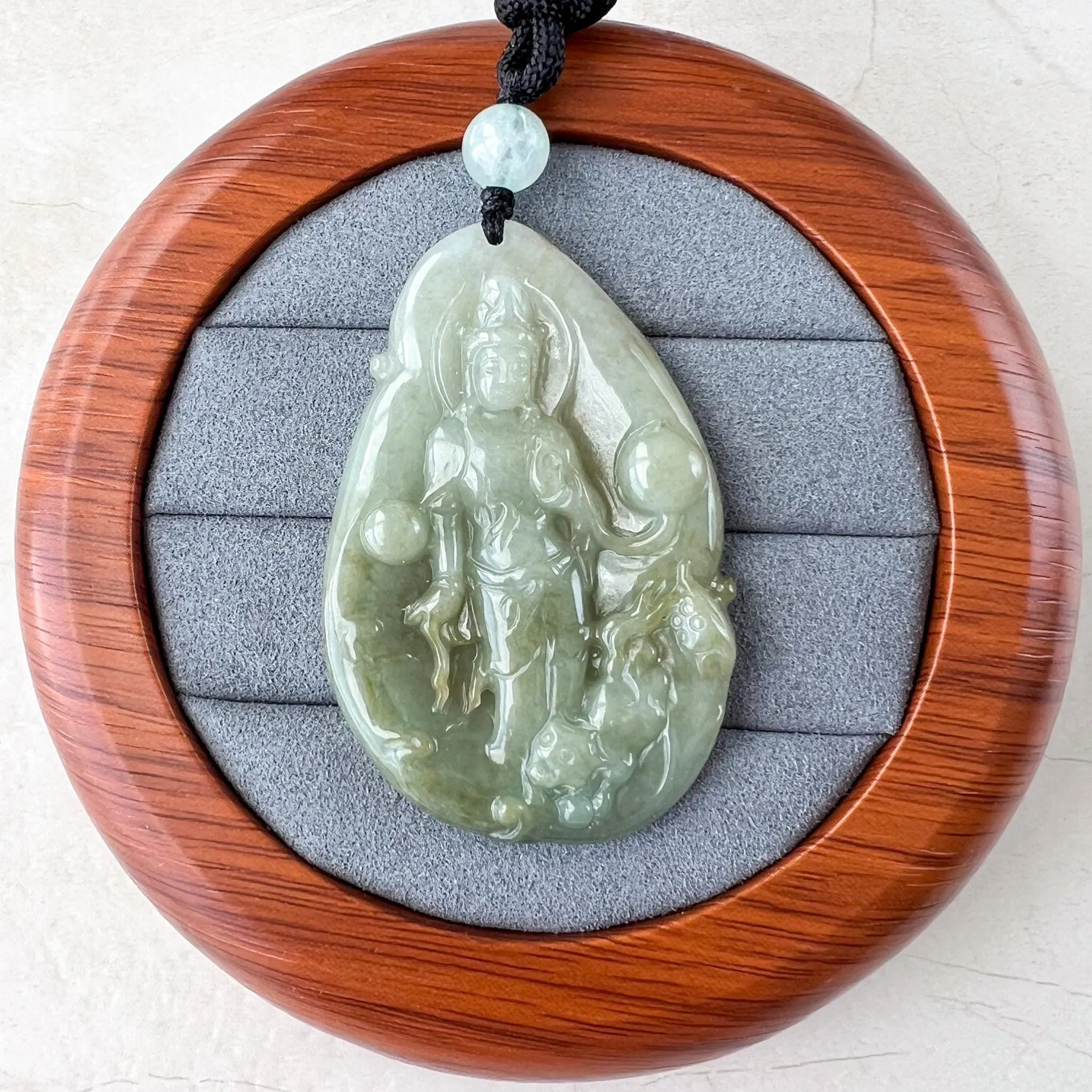 Divine Protector: Guan Yin with Tigers Green Jadeite Jade Guan Yin Avalokiteshvara Hand Carved Pendant Necklace, YJ-0522-0395542