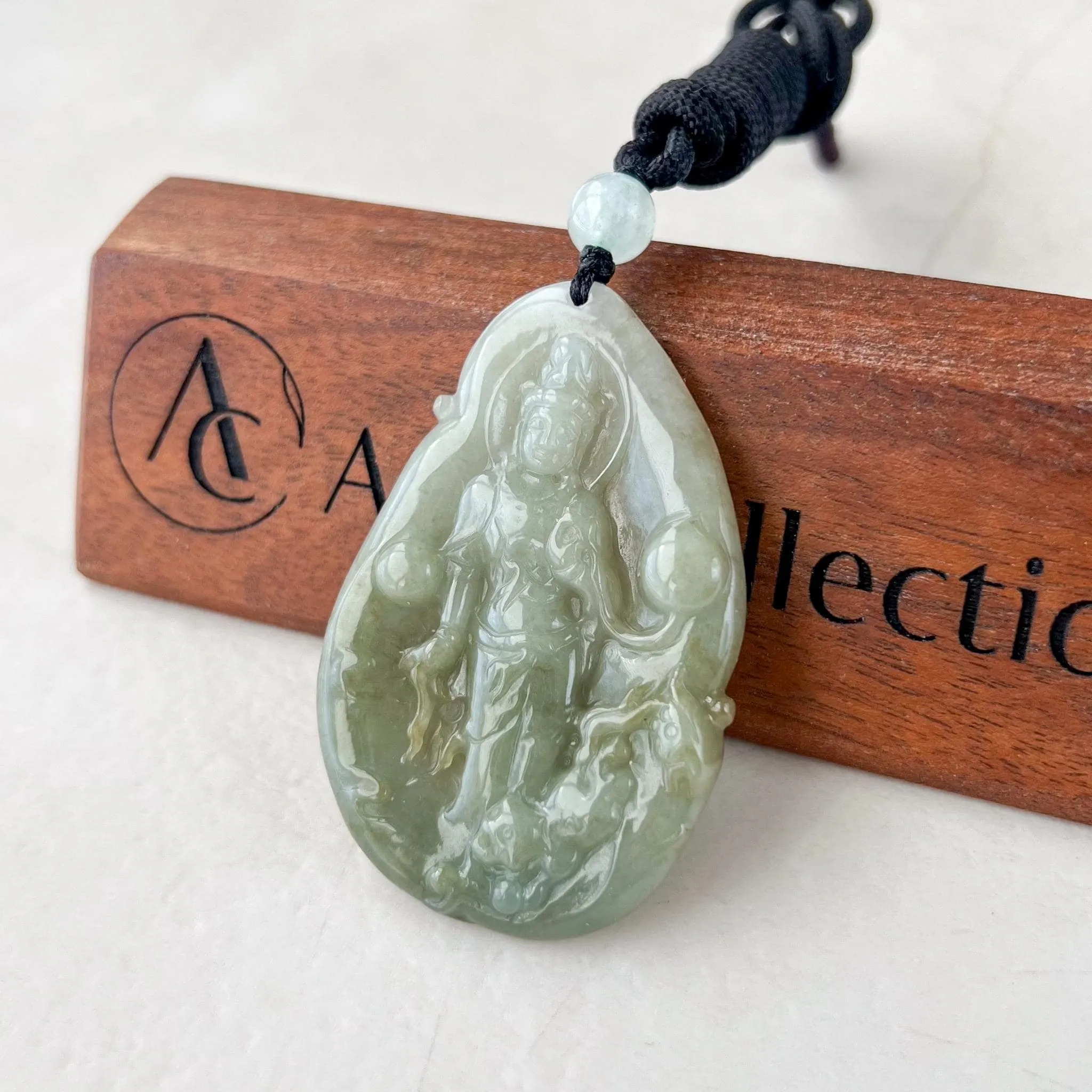 Divine Protector: Guan Yin with Tigers Green Jadeite Jade Guan Yin Avalokiteshvara Hand Carved Pendant Necklace, YJ-0522-0395542