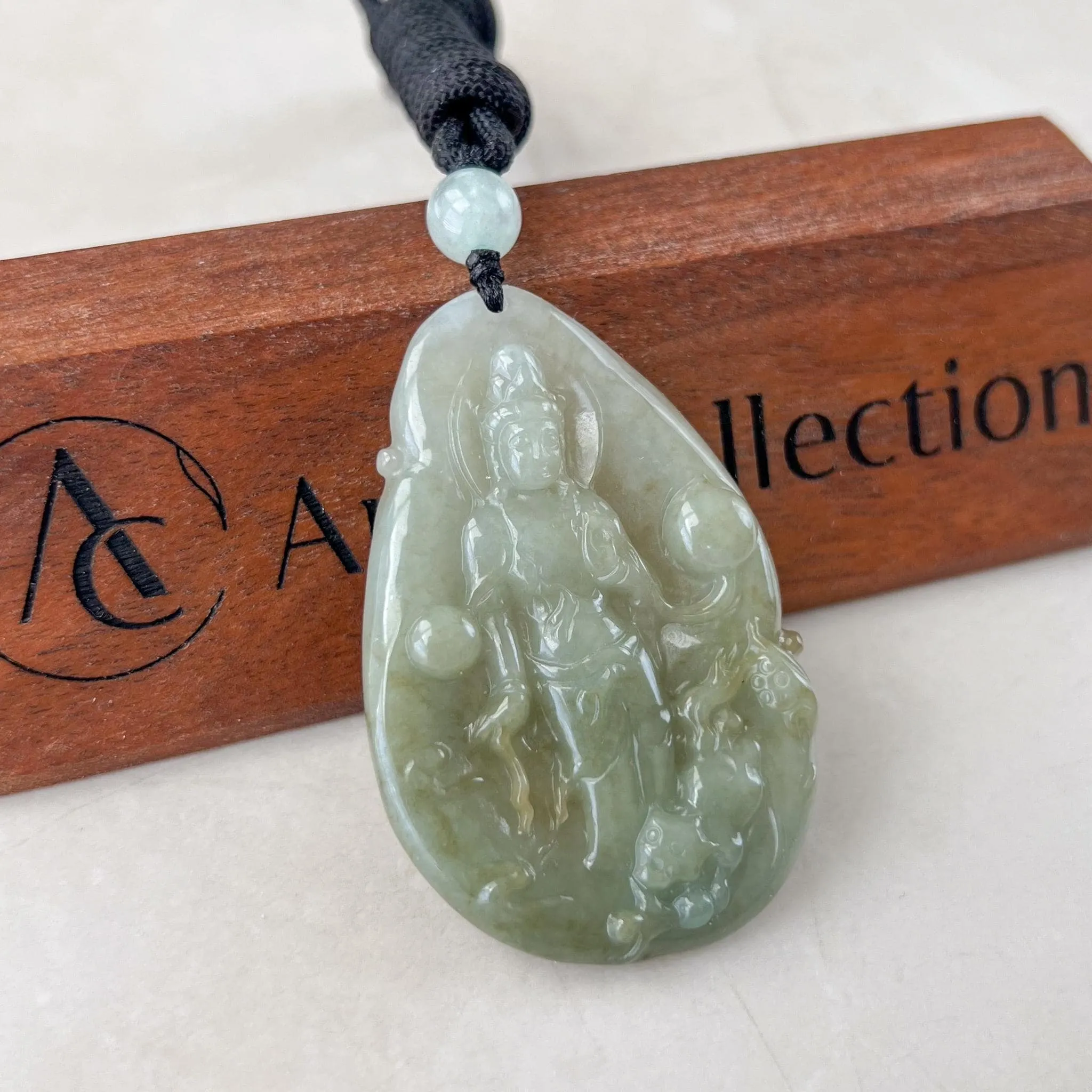 Divine Protector: Guan Yin with Tigers Green Jadeite Jade Guan Yin Avalokiteshvara Hand Carved Pendant Necklace, YJ-0522-0395542
