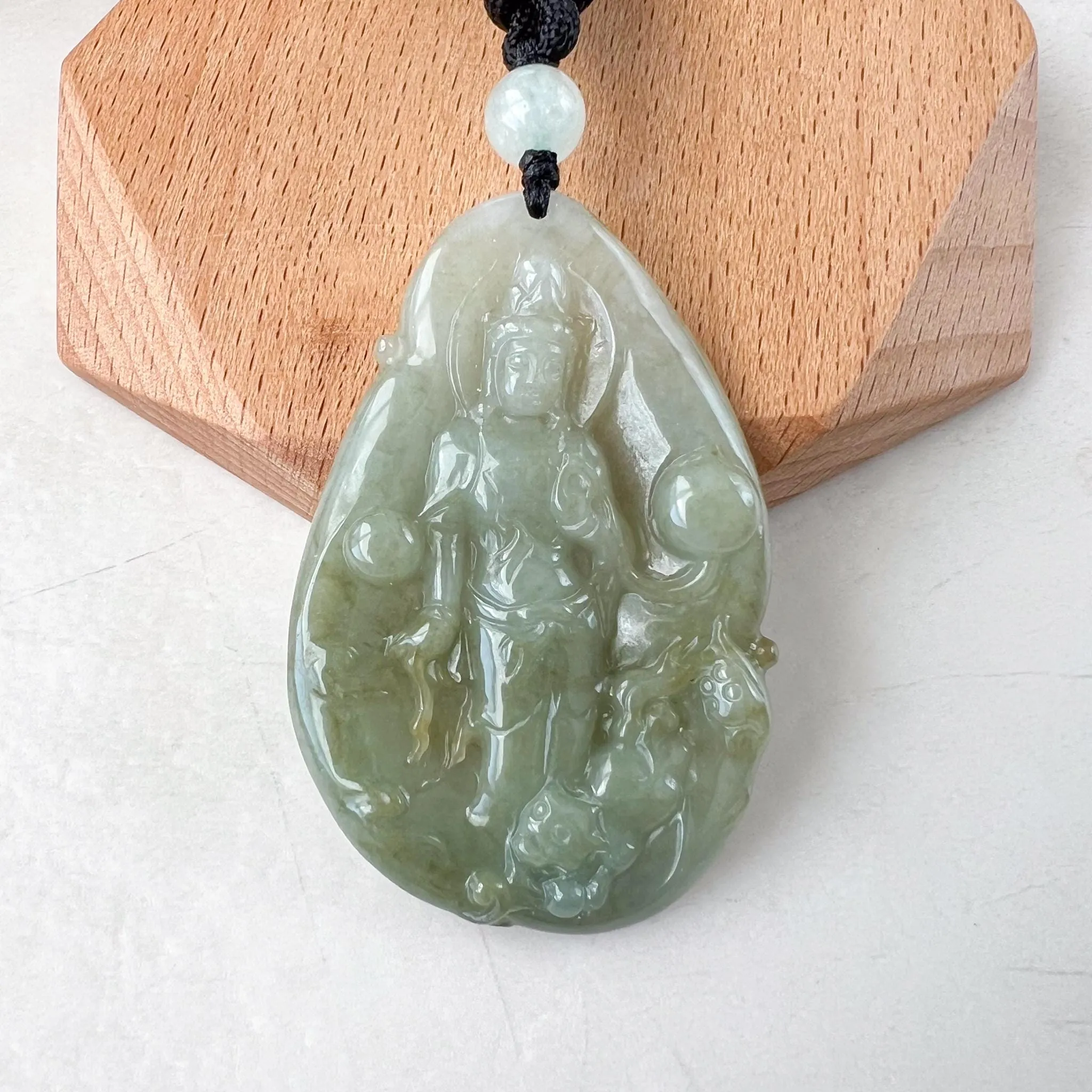 Divine Protector: Guan Yin with Tigers Green Jadeite Jade Guan Yin Avalokiteshvara Hand Carved Pendant Necklace, YJ-0522-0395542