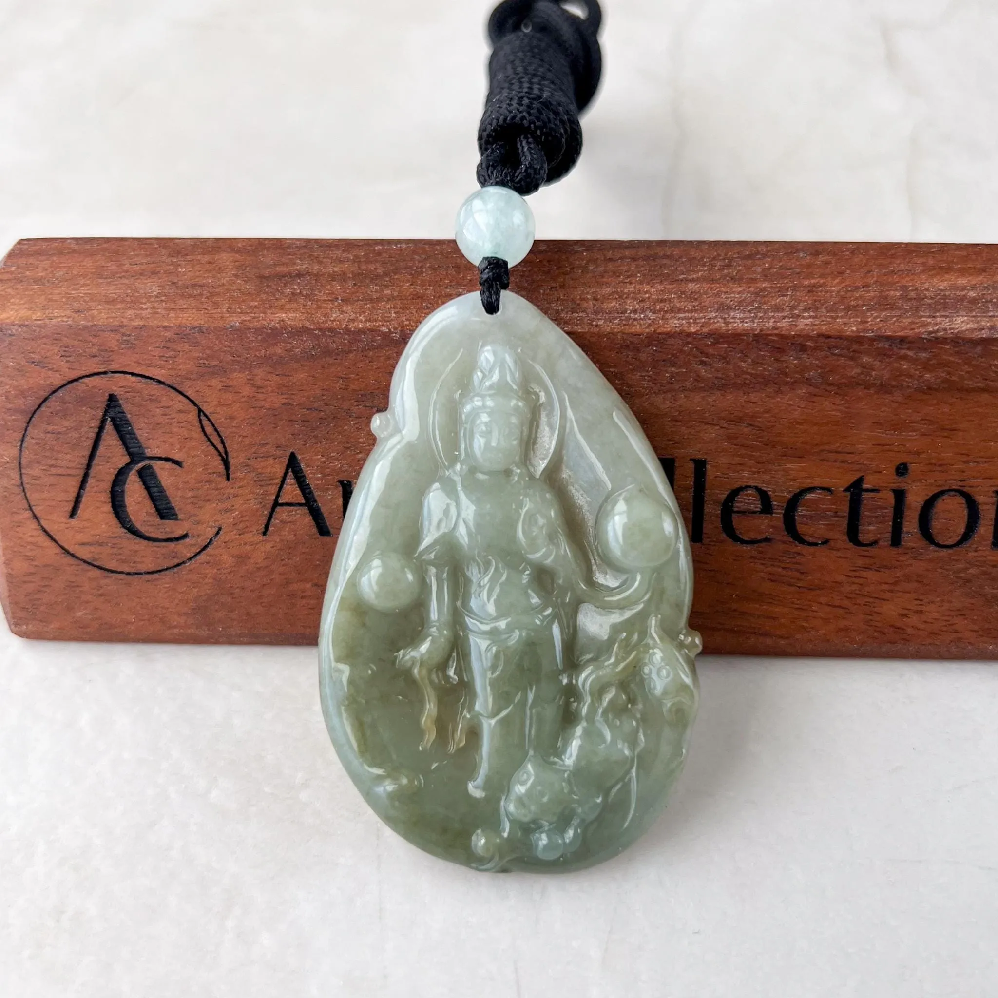 Divine Protector: Guan Yin with Tigers Green Jadeite Jade Guan Yin Avalokiteshvara Hand Carved Pendant Necklace, YJ-0522-0395542