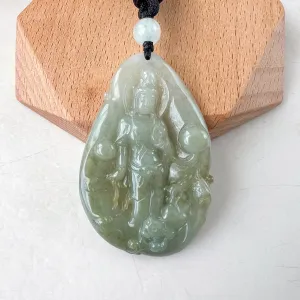 Divine Protector: Guan Yin with Tigers Green Jadeite Jade Guan Yin Avalokiteshvara Hand Carved Pendant Necklace, YJ-0522-0395542