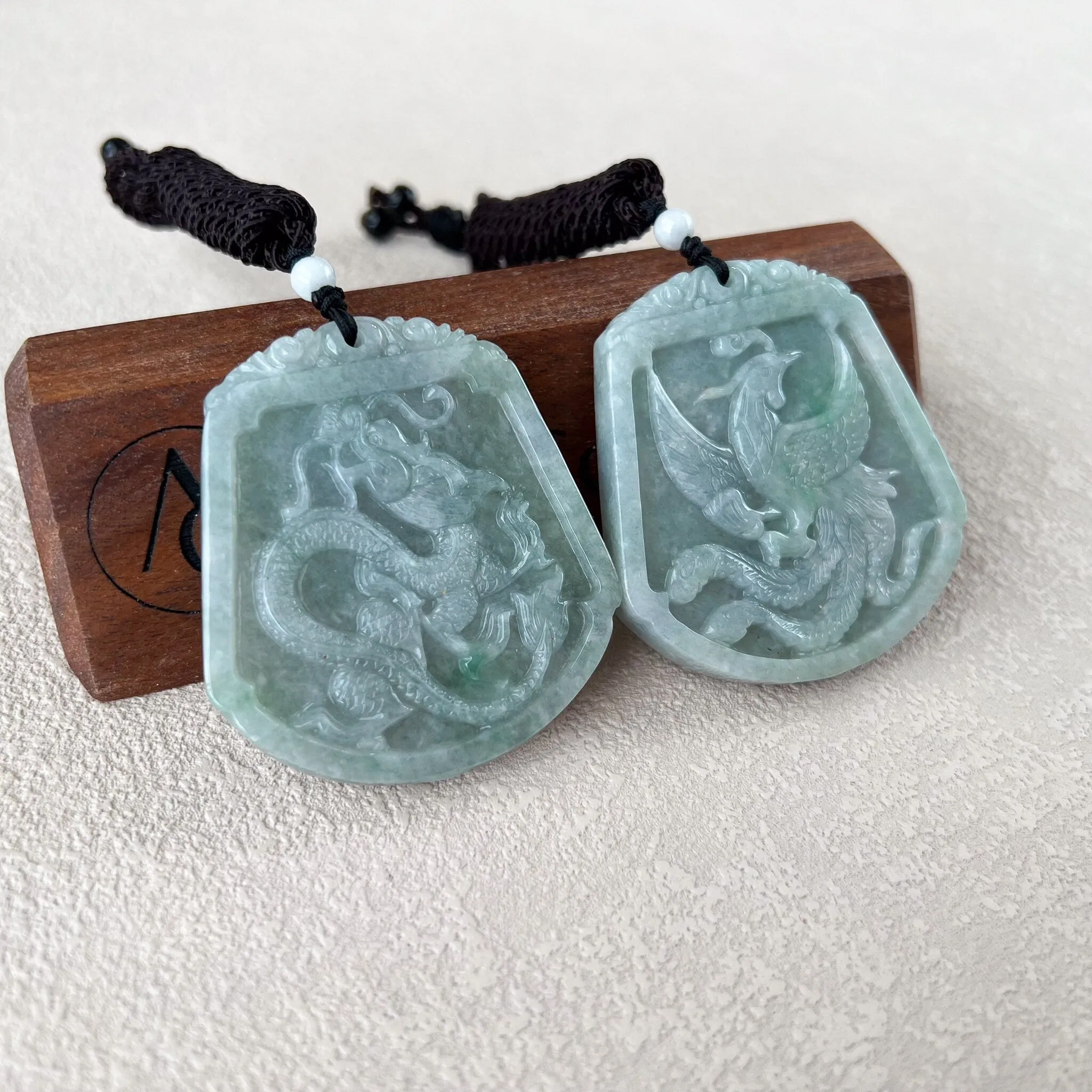 Dragon and Phoenix Harmony Pendants, Couple Green Jadeite Jade Dragon Phoenix Love Necklace, YJ-0422-0401965