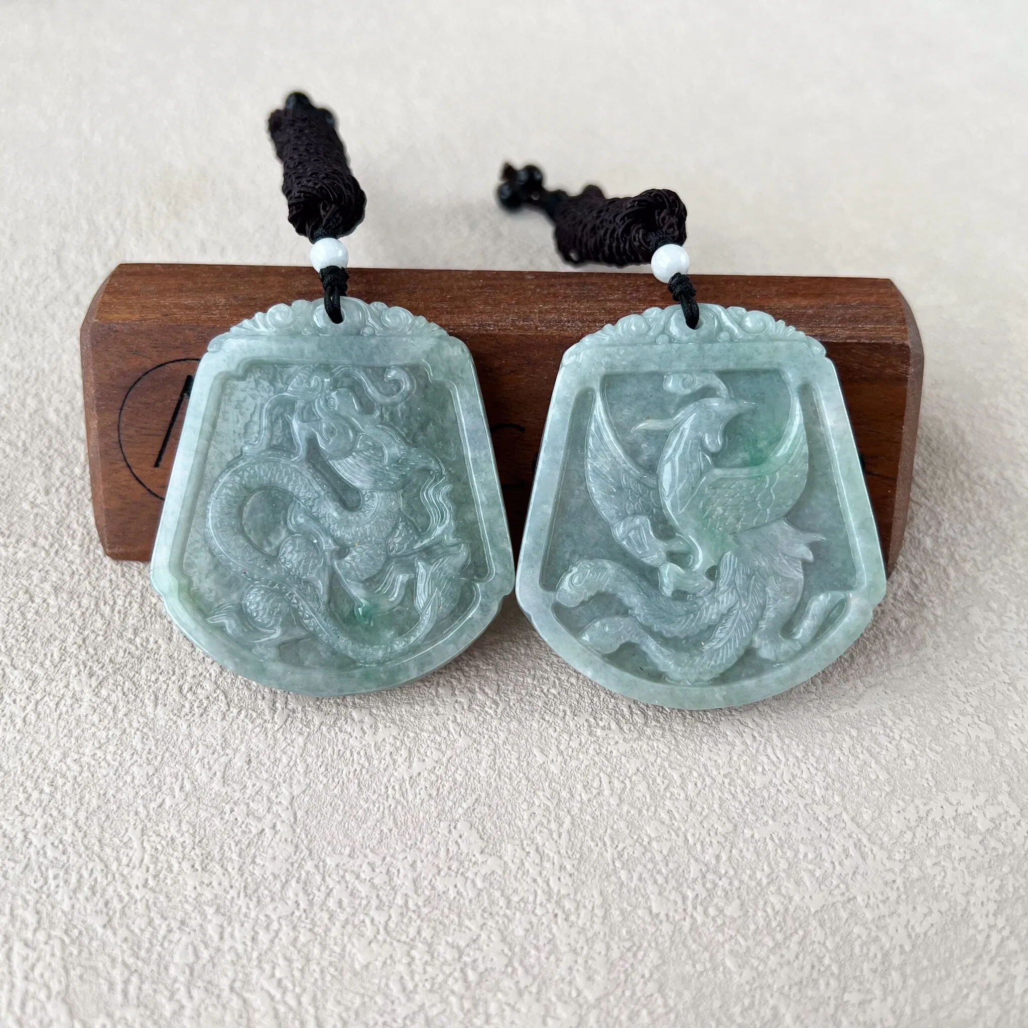 Dragon and Phoenix Harmony Pendants, Couple Green Jadeite Jade Dragon Phoenix Love Necklace, YJ-0422-0401965