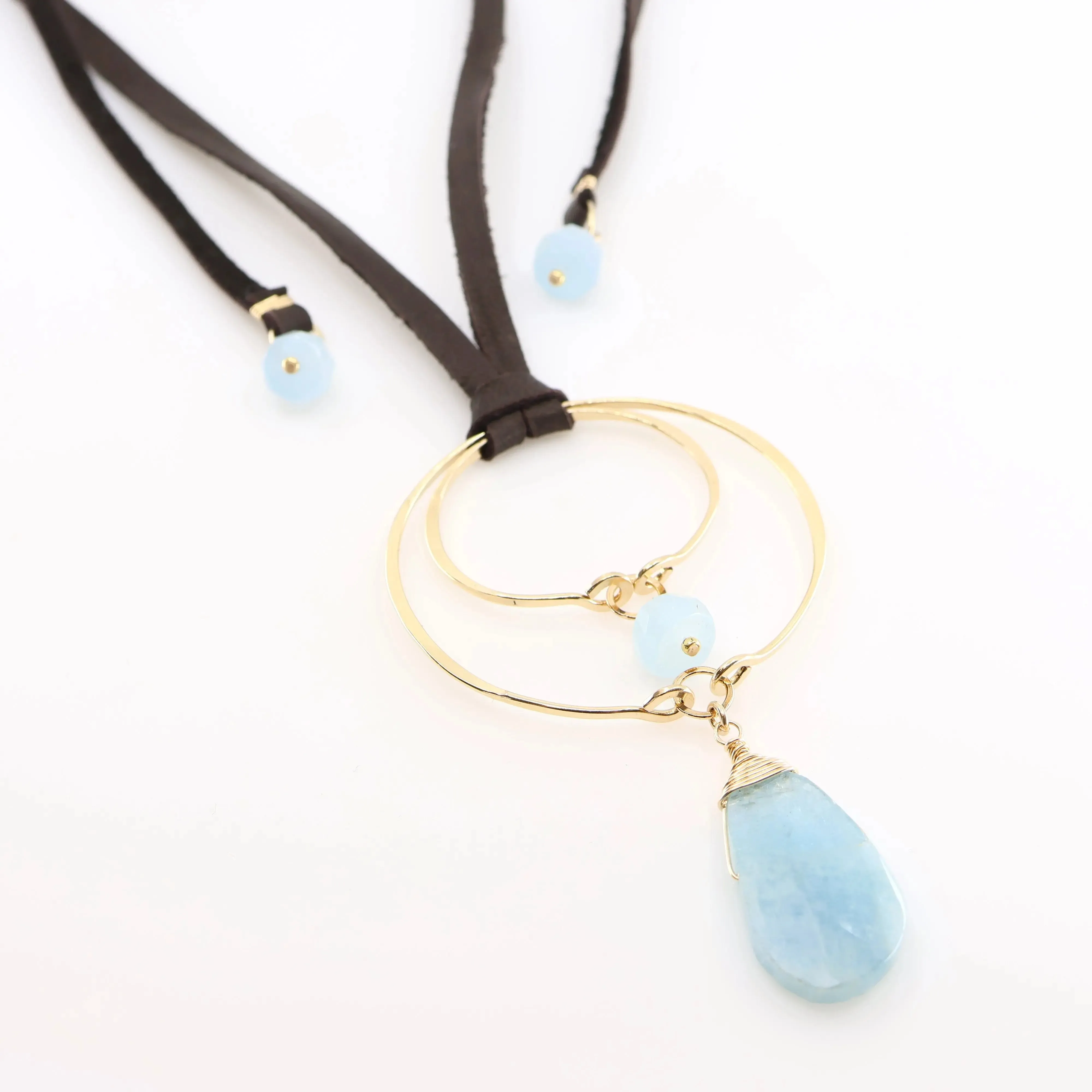 Forged Double Oval & Leather Necklace with Milky Aquamarine