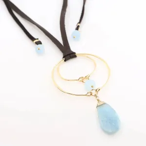 Forged Double Oval & Leather Necklace with Milky Aquamarine