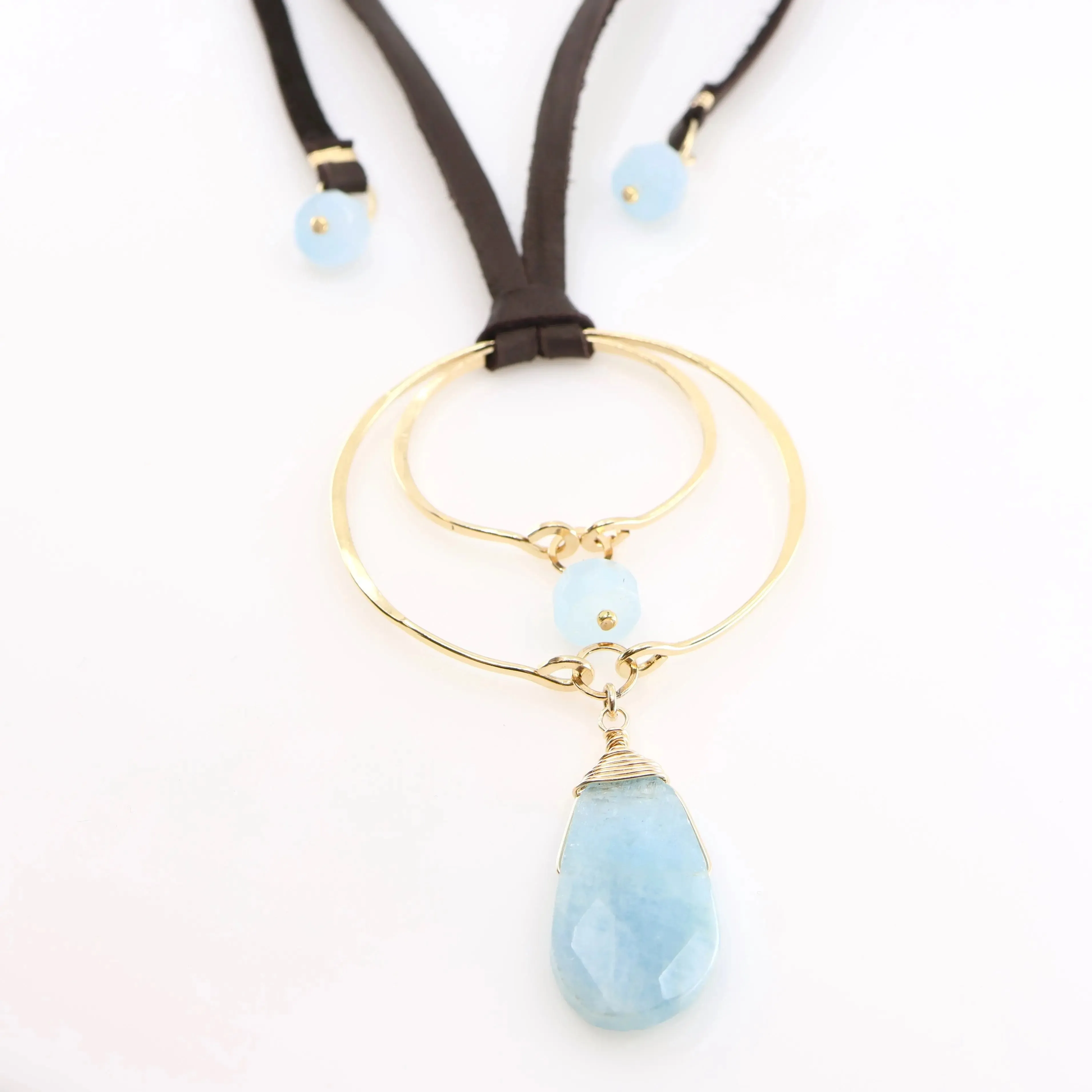 Forged Double Oval & Leather Necklace with Milky Aquamarine
