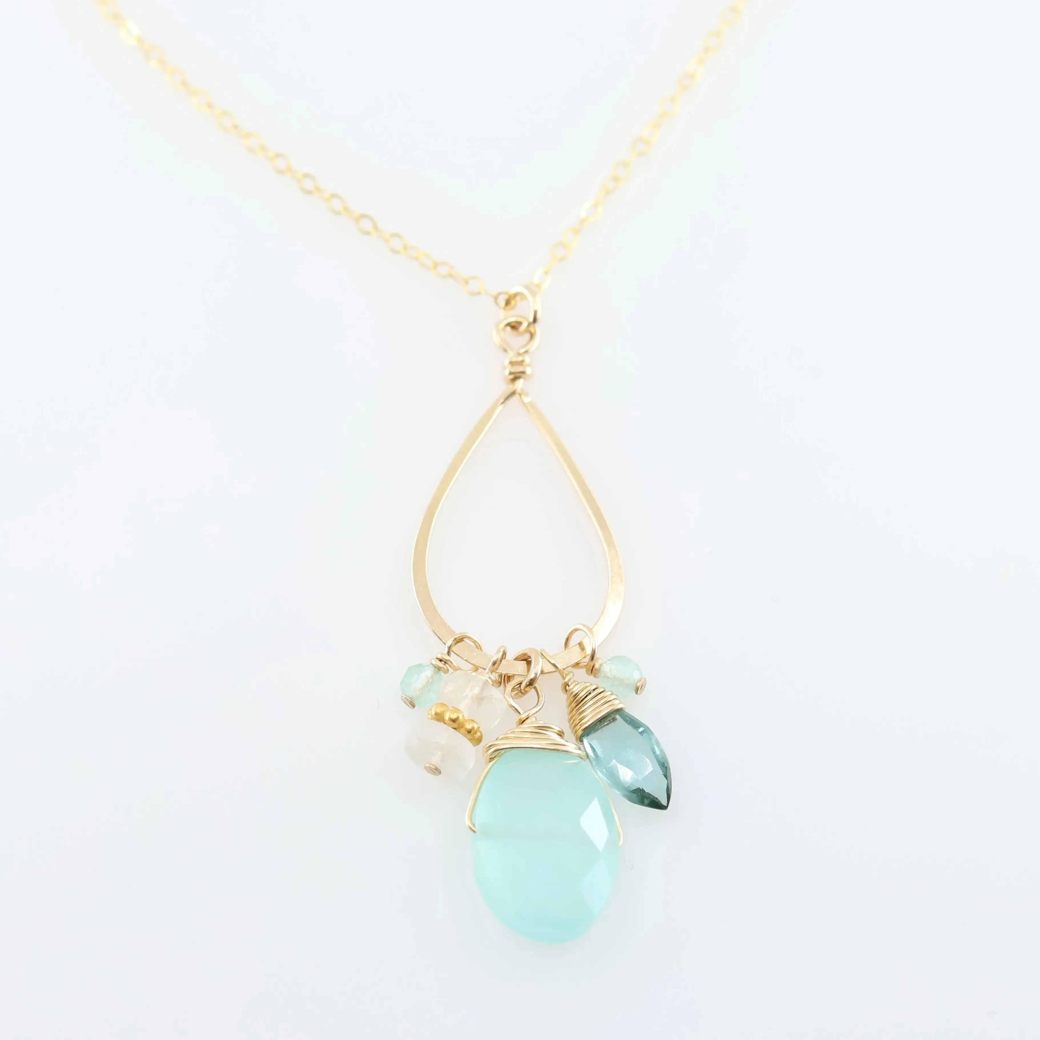 Forged Long Teardrop, Aqua Chalcedony, Aquamarine & Moonstone Necklace