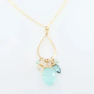 Forged Long Teardrop, Aqua Chalcedony, Aquamarine & Moonstone Necklace