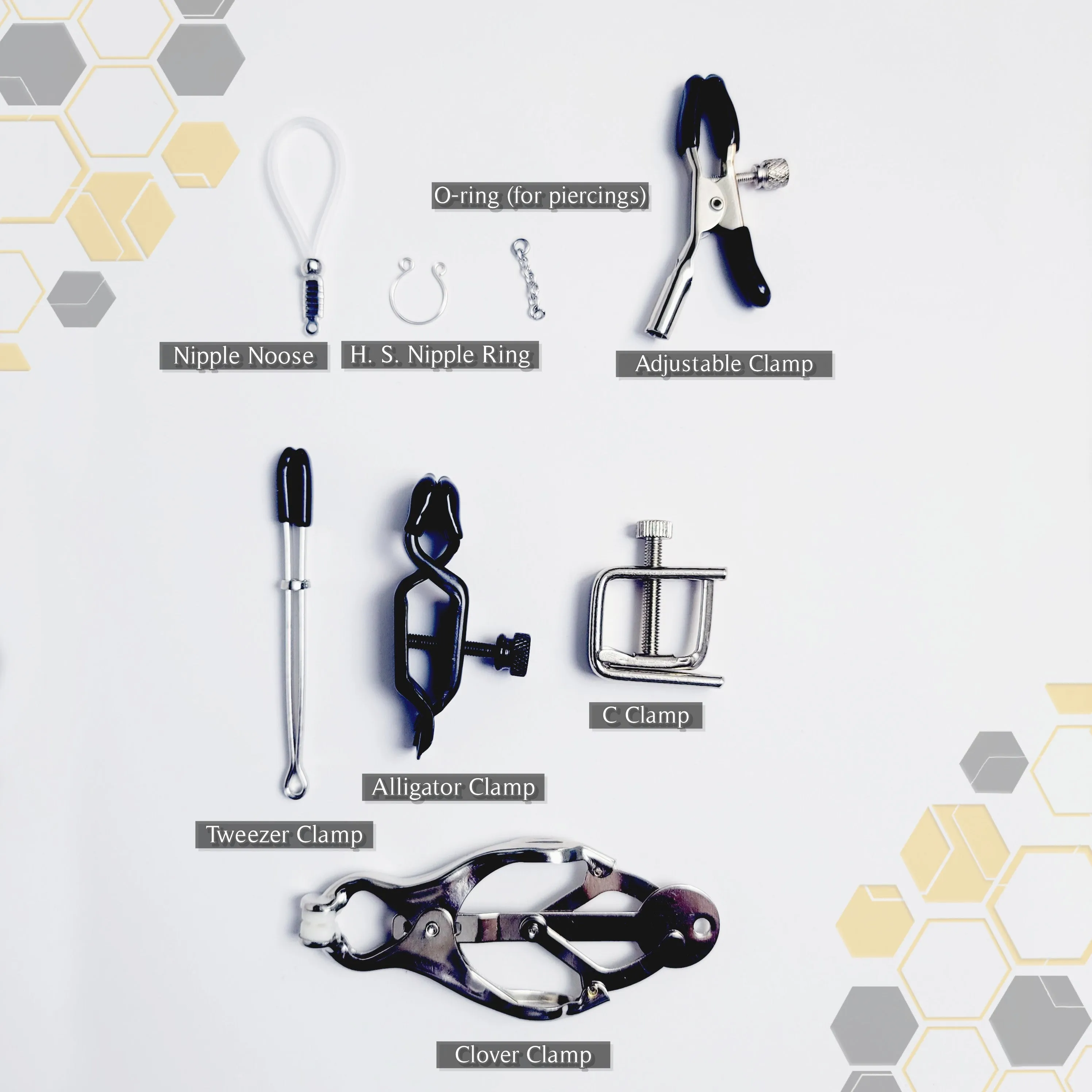 Gold Necklace To Nipple With Semi-Precious Hexagon/ Honeycomb Pendant. Non-Piercing Nipple Nooses or Rings, Nipple Clamps