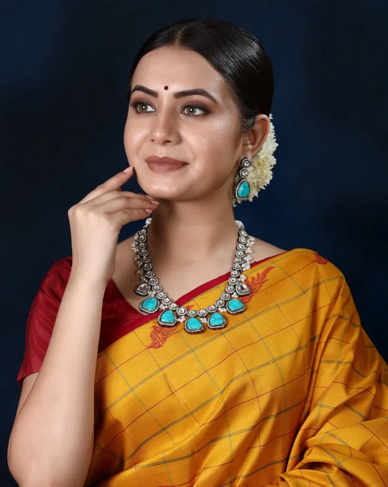 Imeora Designer Necklace Set With Turquoise Color Stone Hangings And Handmade Dori