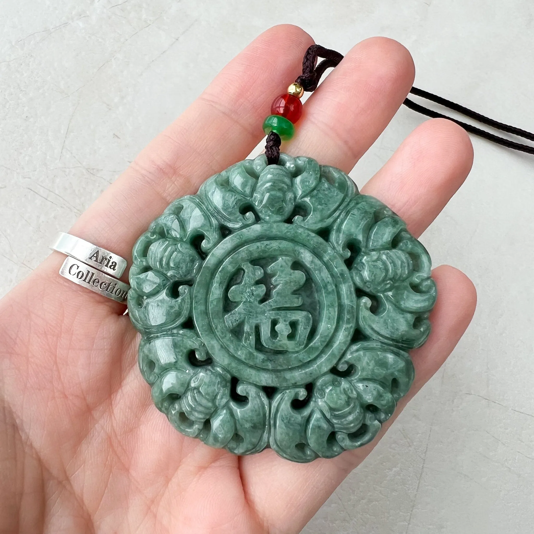 Jadeite Jade Chinese Luck "Fu" 福 Fortune and Bat Pendant, Hand Carved Jade Necklace, SHWQ-1022-1671167046