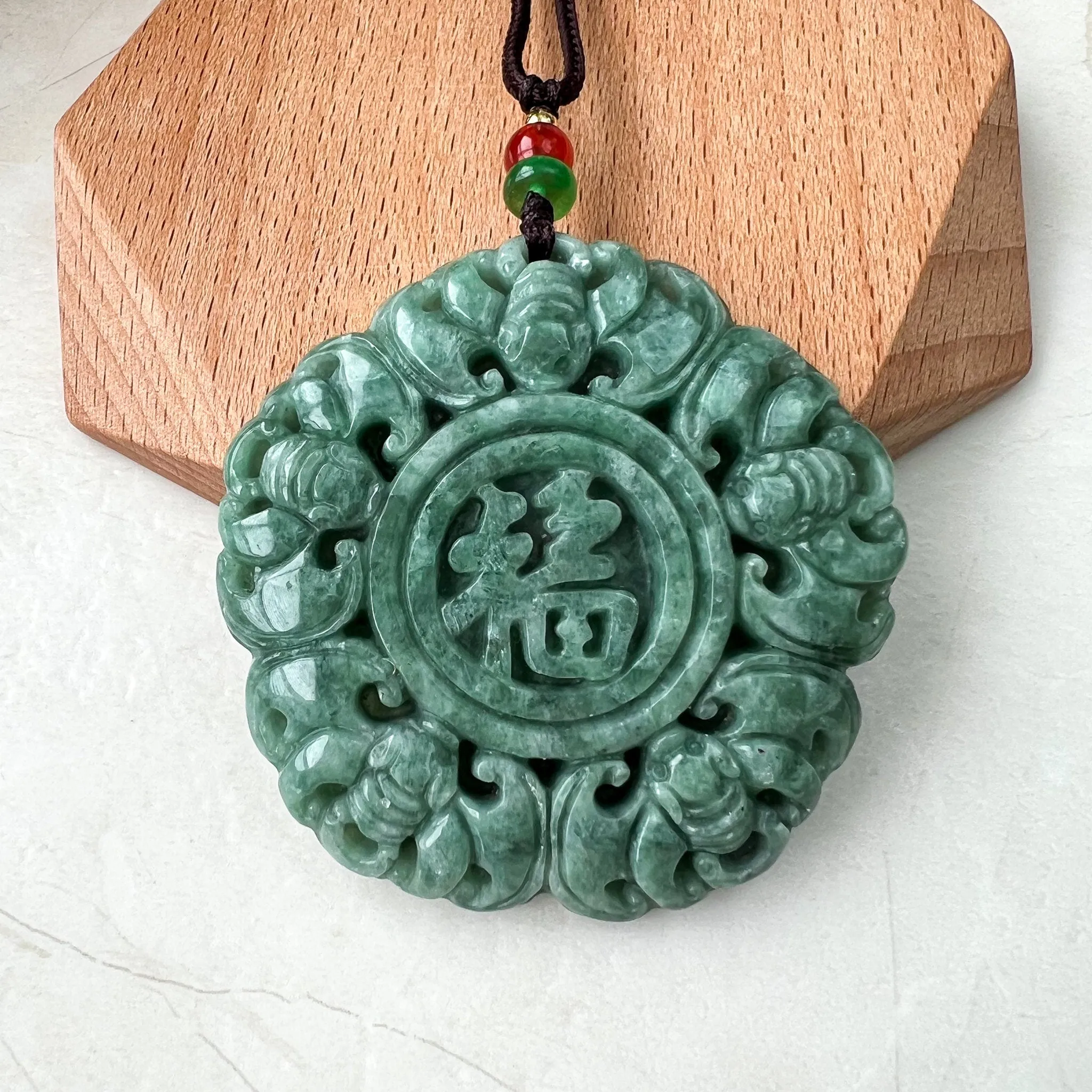 Jadeite Jade Chinese Luck "Fu" 福 Fortune and Bat Pendant, Hand Carved Jade Necklace, SHWQ-1022-1671167046