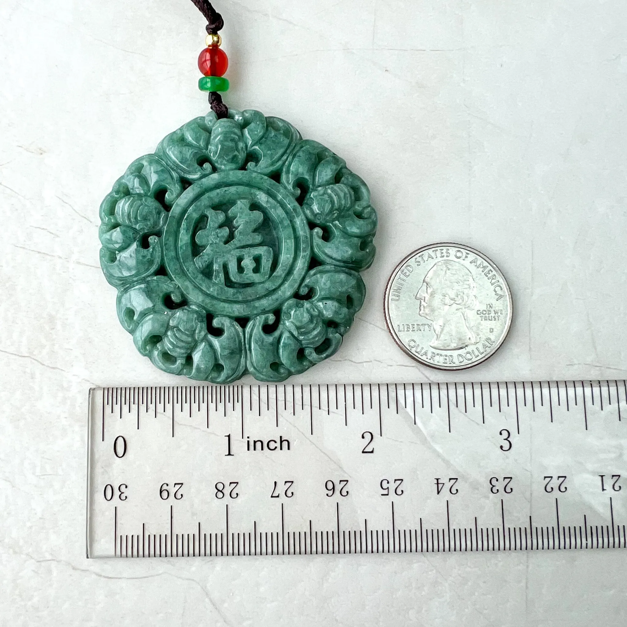 Jadeite Jade Chinese Luck "Fu" 福 Fortune and Bat Pendant, Hand Carved Jade Necklace, SHWQ-1022-1671167046