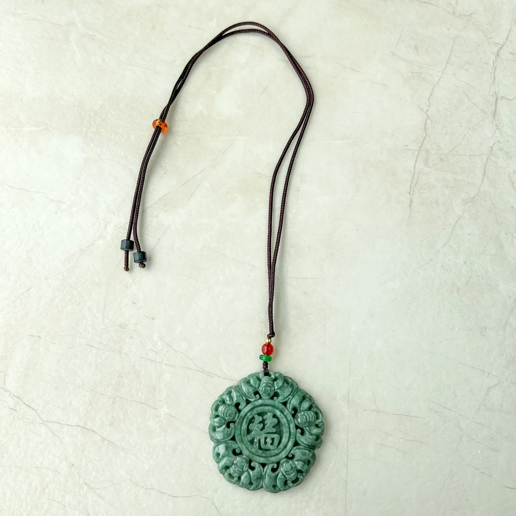 Jadeite Jade Chinese Luck "Fu" 福 Fortune and Bat Pendant, Hand Carved Jade Necklace, SHWQ-1022-1671167046