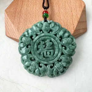 Jadeite Jade Chinese Luck "Fu" 福 Fortune and Bat Pendant, Hand Carved Jade Necklace, SHWQ-1022-1671167046