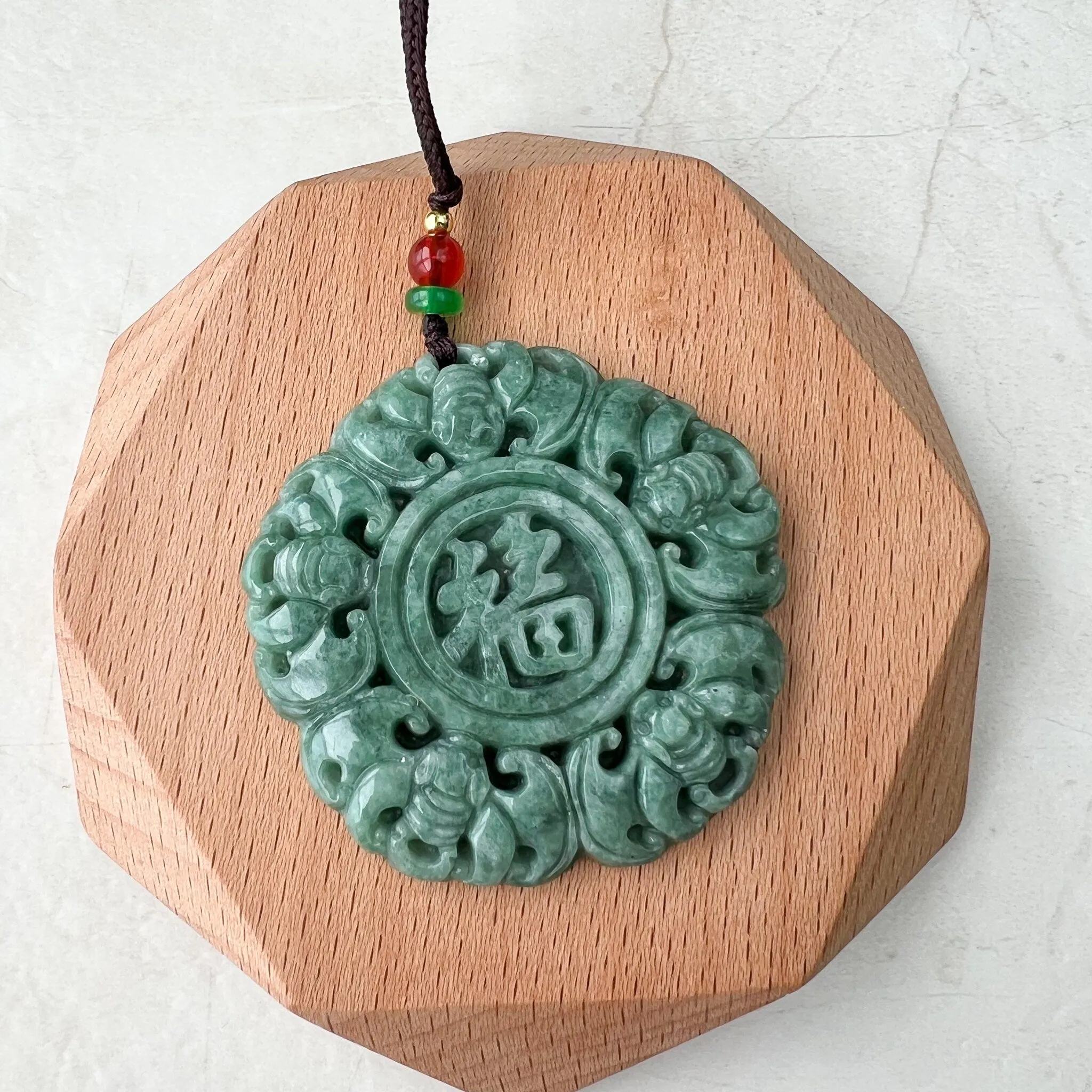 Jadeite Jade Chinese Luck "Fu" 福 Fortune and Bat Pendant, Hand Carved Jade Necklace, SHWQ-1022-1671167046