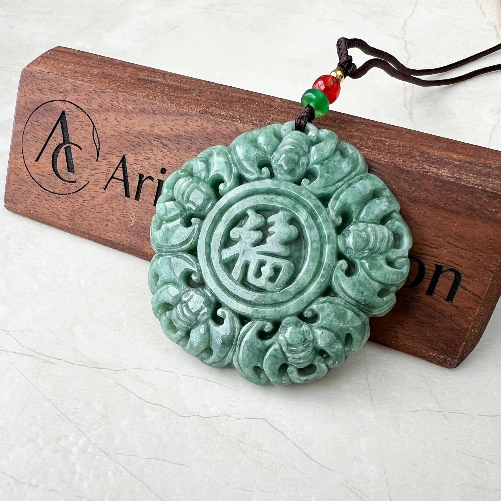Jadeite Jade Chinese Luck "Fu" 福 Fortune and Bat Pendant, Hand Carved Jade Necklace, SHWQ-1022-1671167046