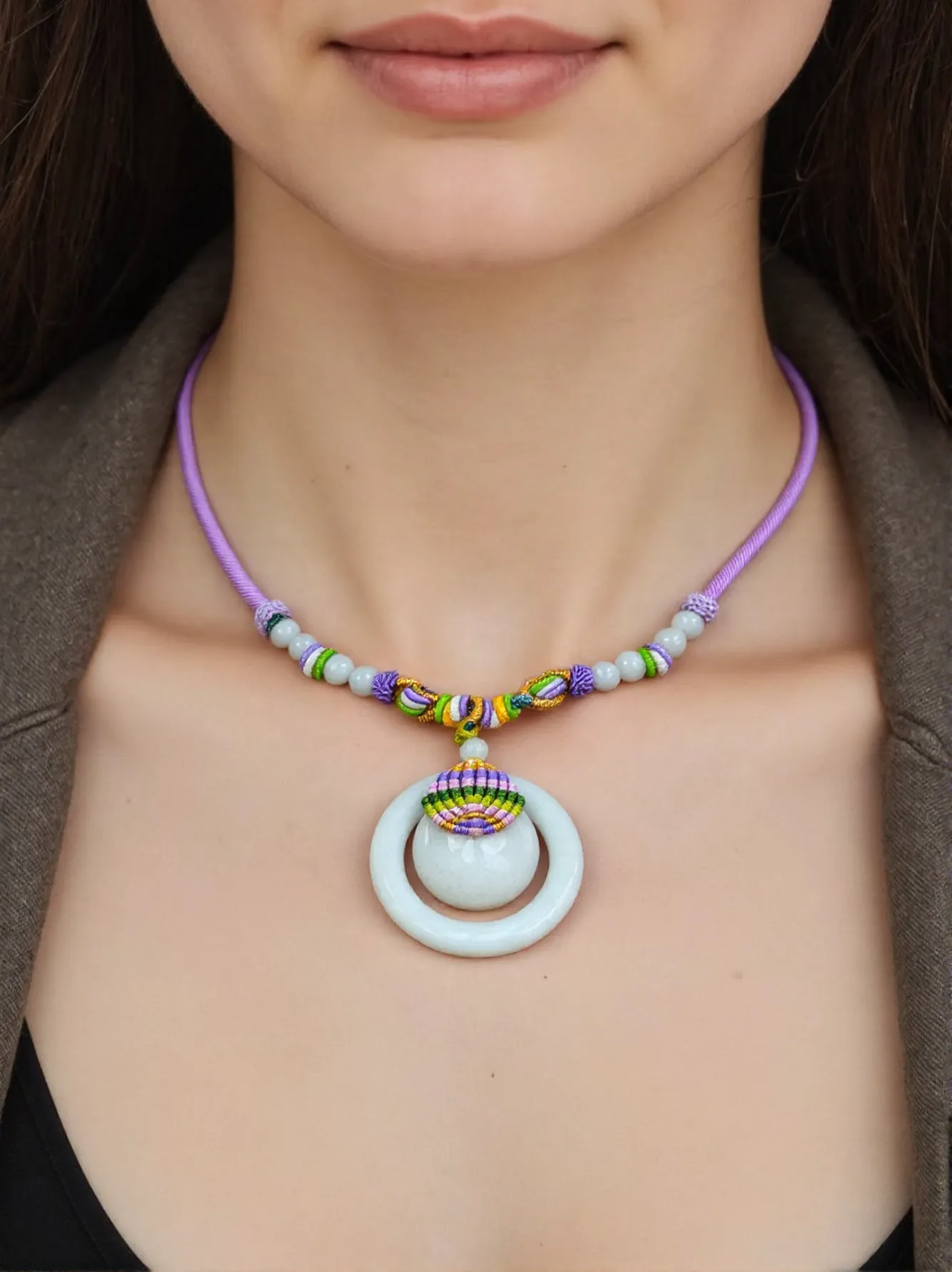 JadeiteHall® "Lucky Button" Genuine He Tian Nephrite Green Jade Circle Pendant Necklace