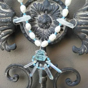 Long Freshwater Pearl and Quartz Bridal Statement Necklace,  Something Blue Necklace