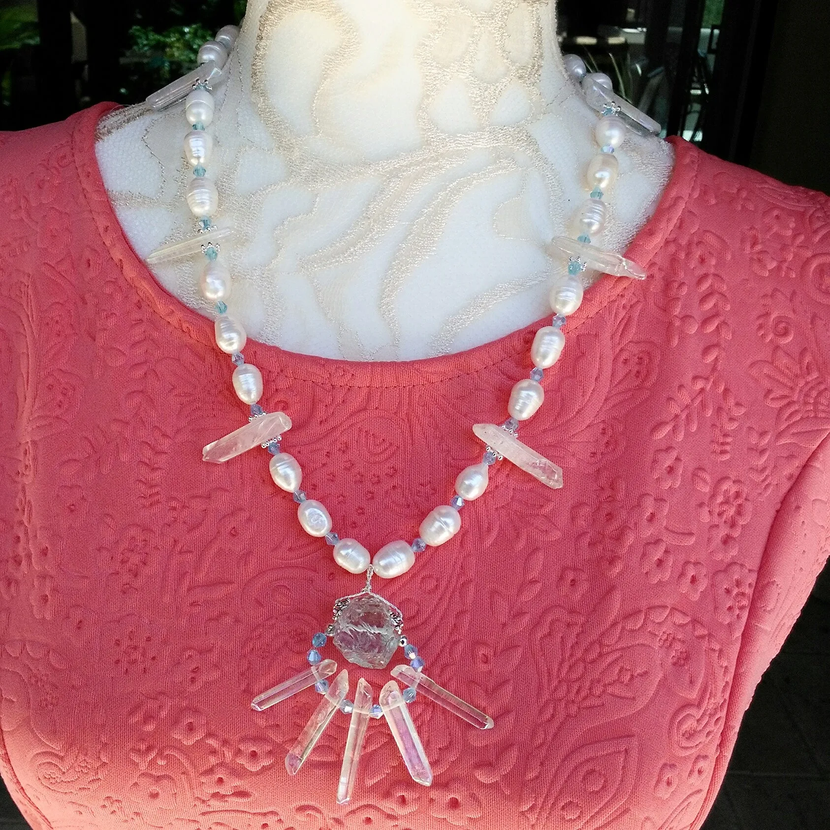 Long Freshwater Pearl and Quartz Bridal Statement Necklace,  Something Blue Necklace