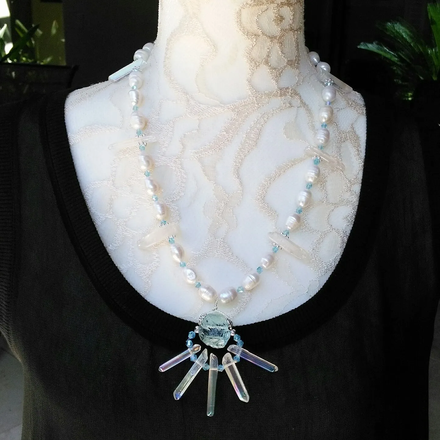 Long Freshwater Pearl and Quartz Bridal Statement Necklace,  Something Blue Necklace