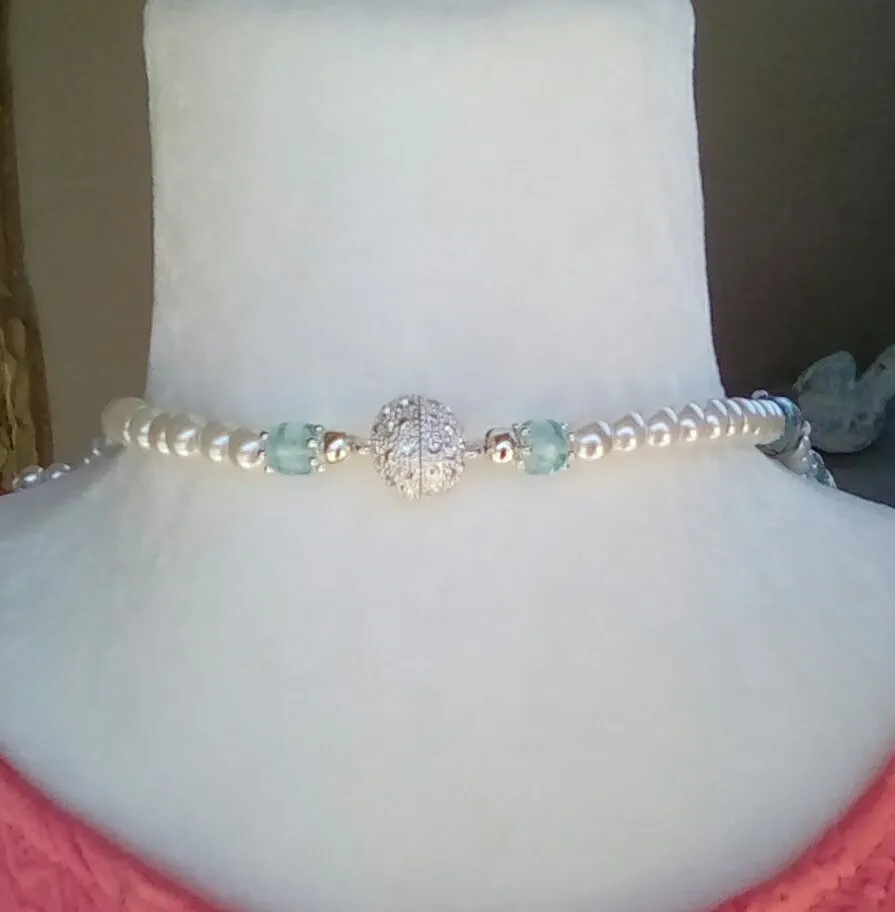 Long Freshwater Pearl and Quartz Bridal Statement Necklace,  Something Blue Necklace