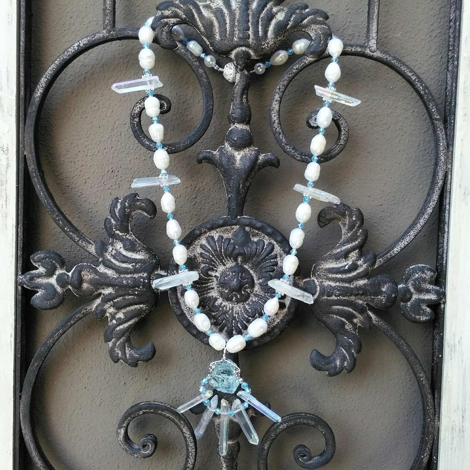 Long Freshwater Pearl and Quartz Bridal Statement Necklace,  Something Blue Necklace