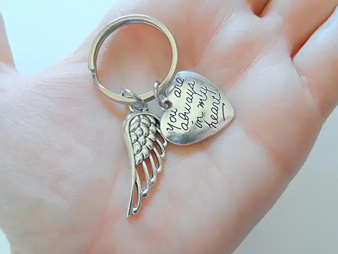 Memorial Keychain, Wing Charm and "You Are Always With in My Heart" Heart Charm