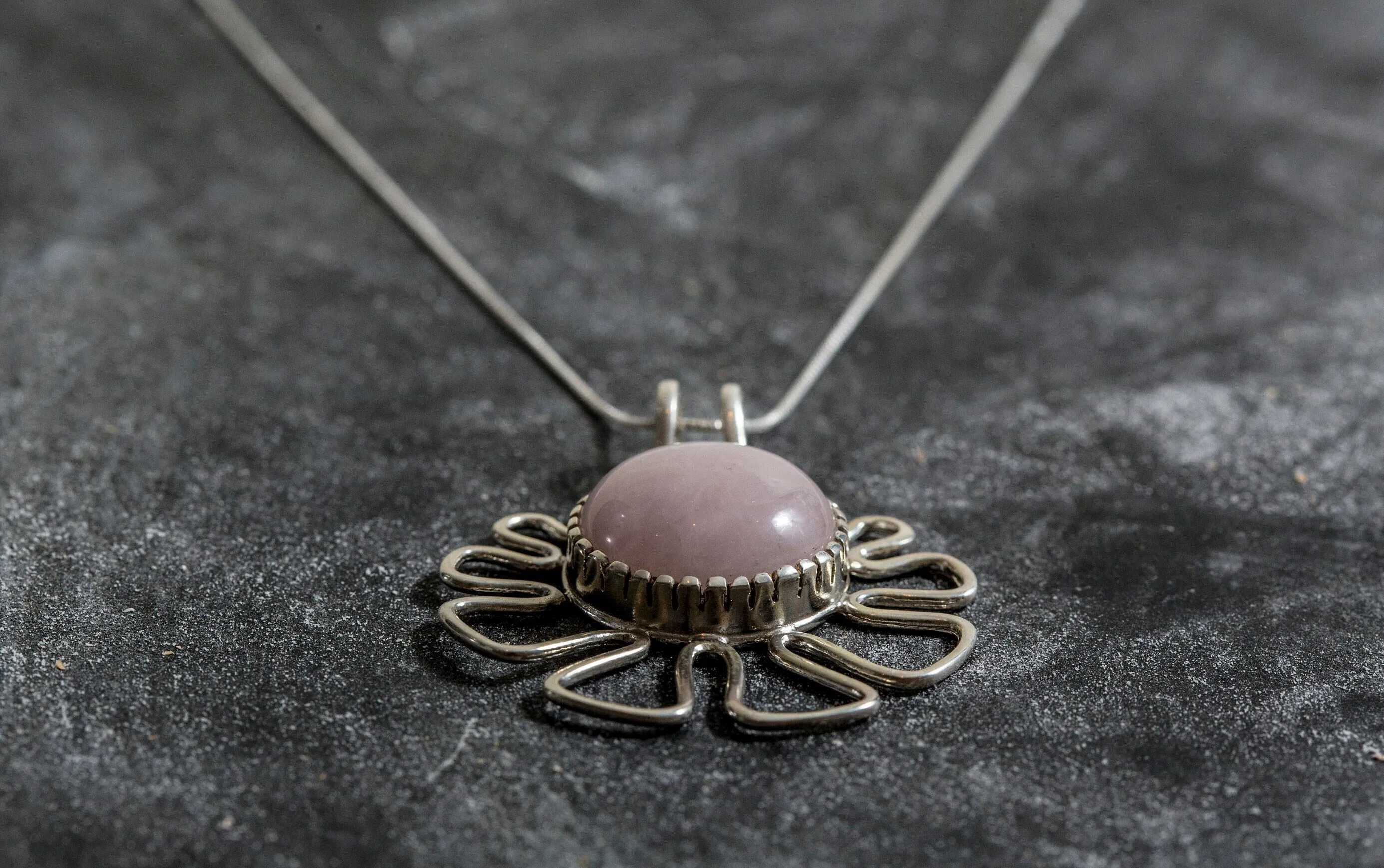 Natural Quartz Necklace - Pink Flower Pendant - Rose Quartz Statement Necklace