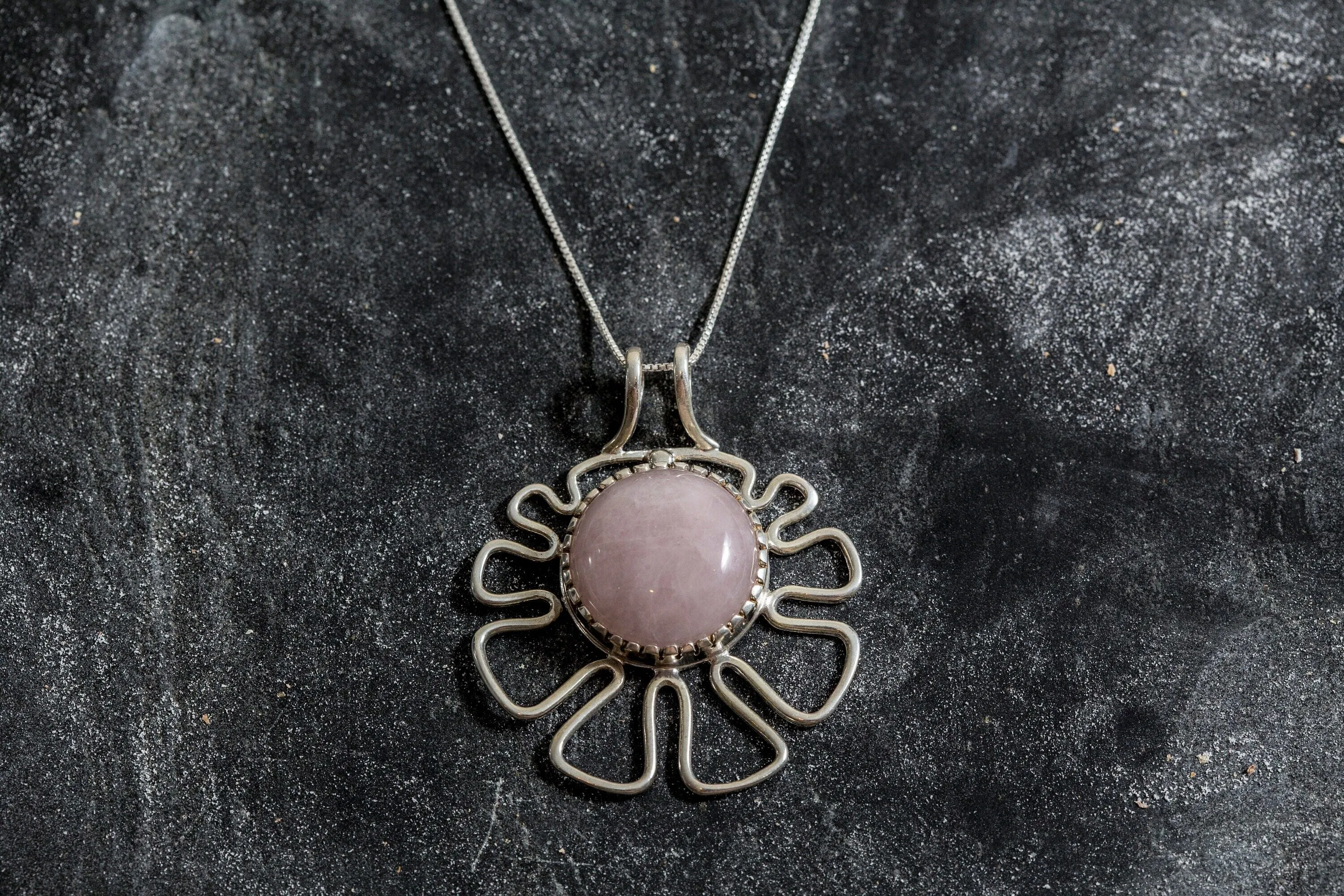 Natural Quartz Necklace - Pink Flower Pendant - Rose Quartz Statement Necklace