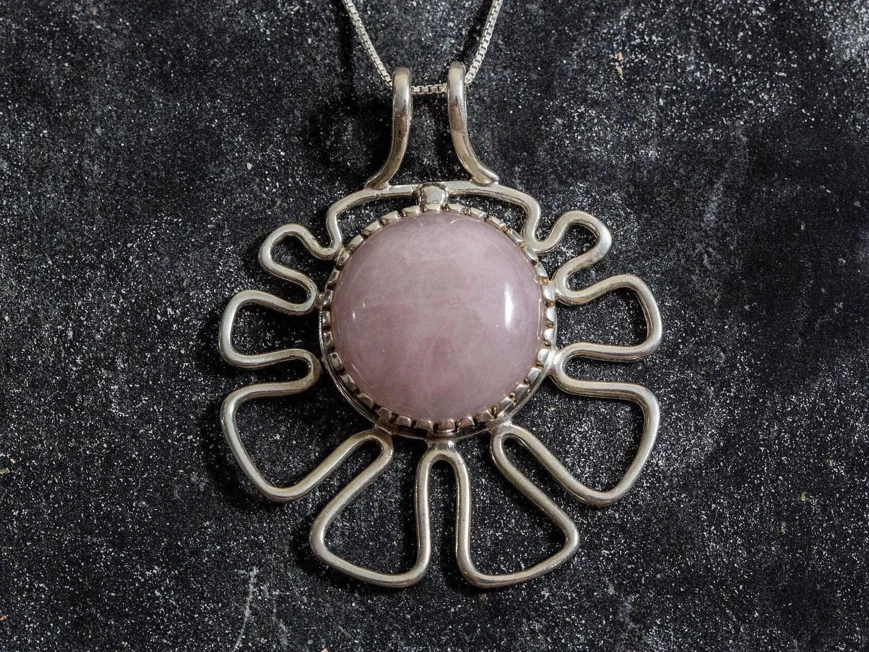 Natural Quartz Necklace - Pink Flower Pendant - Rose Quartz Statement Necklace