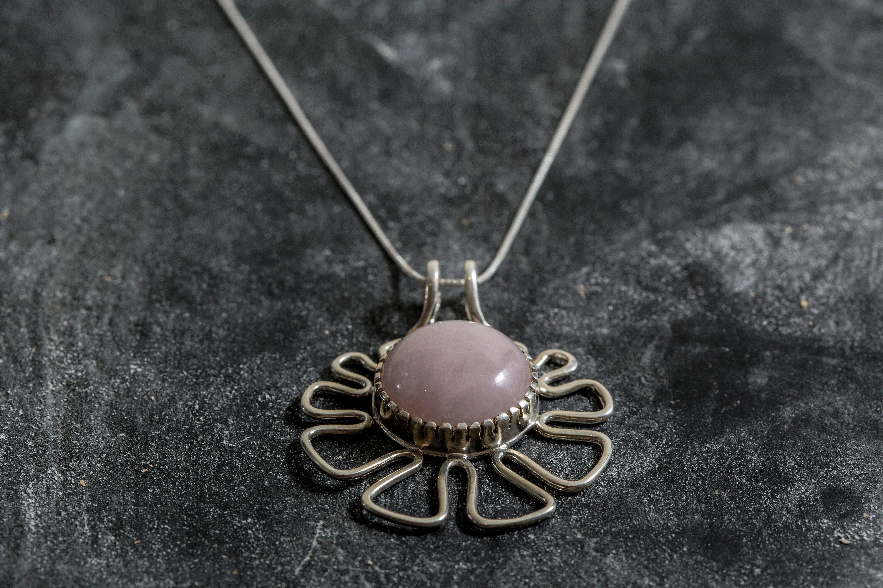 Natural Quartz Necklace - Pink Flower Pendant - Rose Quartz Statement Necklace