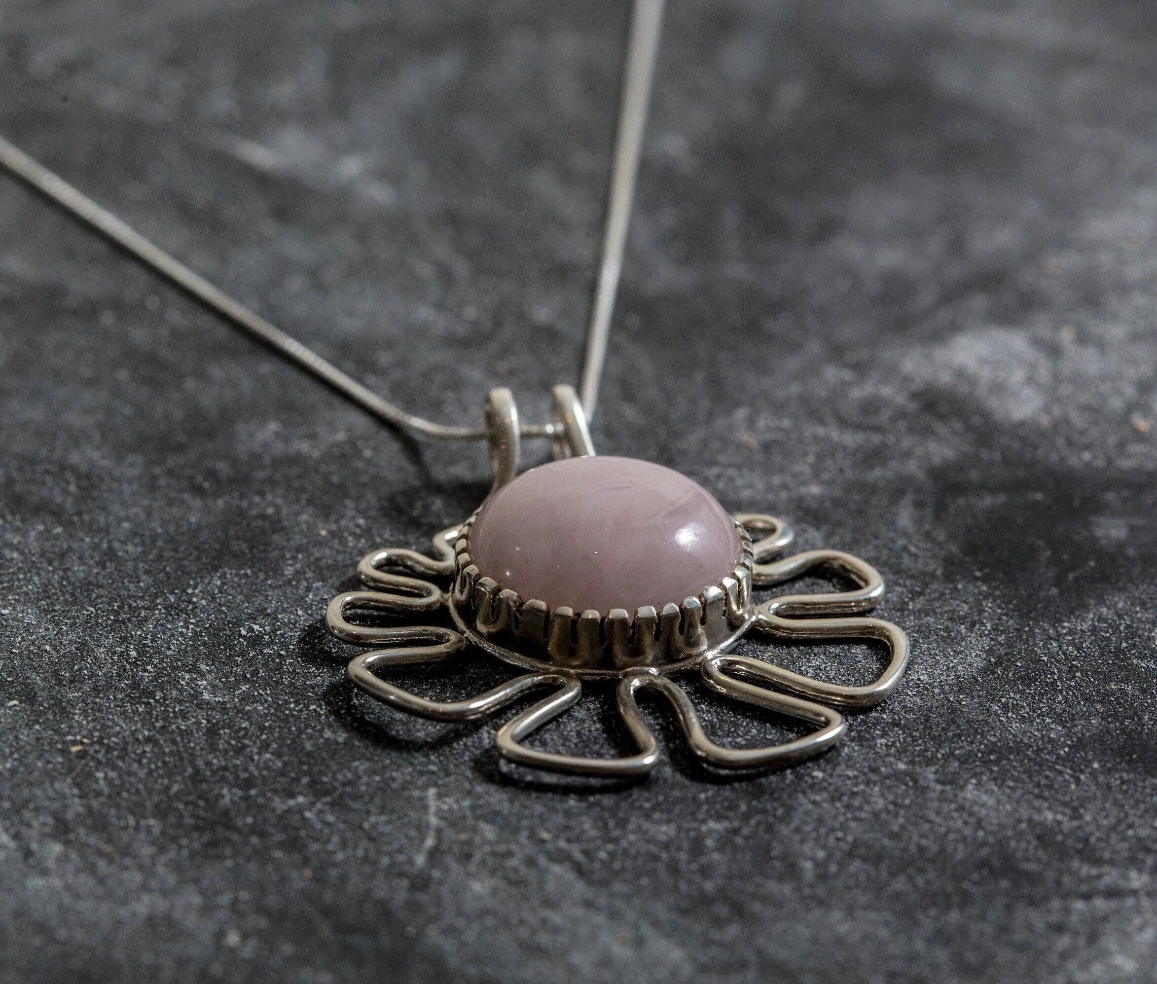 Natural Quartz Necklace - Pink Flower Pendant - Rose Quartz Statement Necklace