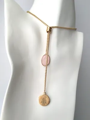Oval Rose Quartz with Miraculous Medal Charm Slider Necklace